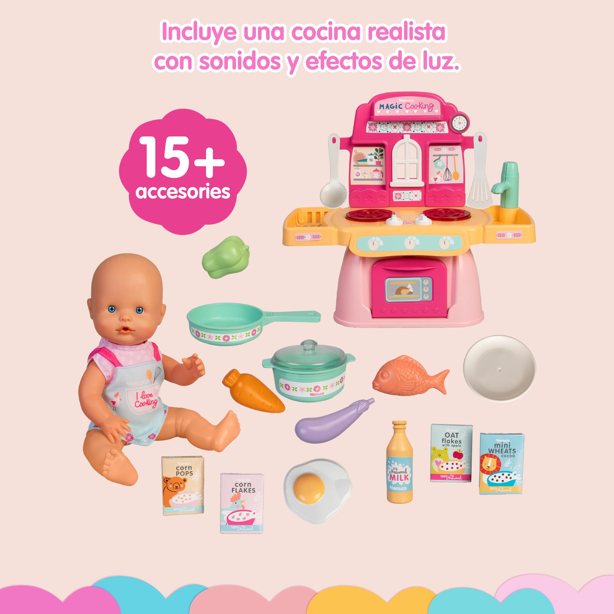 Nenuco - Cocinita Mágica, Muñeco de 30 cm con Cuerpo Duro, Incluye +10 Accesorios para Cocinar y Emplatar, Cocinita con Luces y Sonidos de Hervir y Freír, Delantal Personalizado, Famosa (NFNE3000)