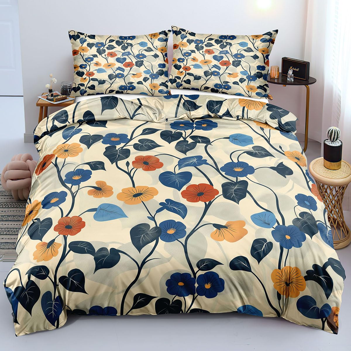 Housse de couette 140x200 bleue et orange avec motif botanique réversible en microfibre douce