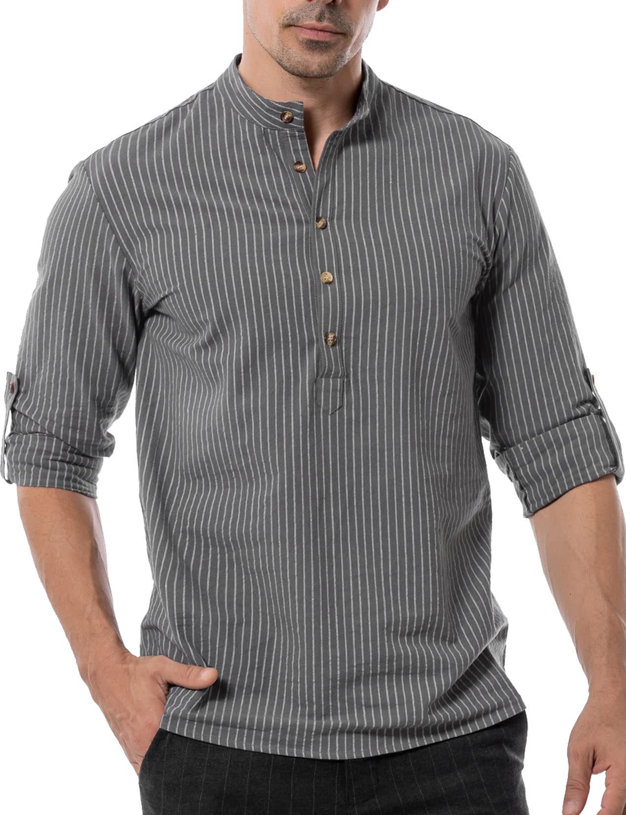 LucMattonMen's Cotton Retro Style Roll-up Long Sleeve Shirt Casual Linen-Like Slim Fit Henley Tops