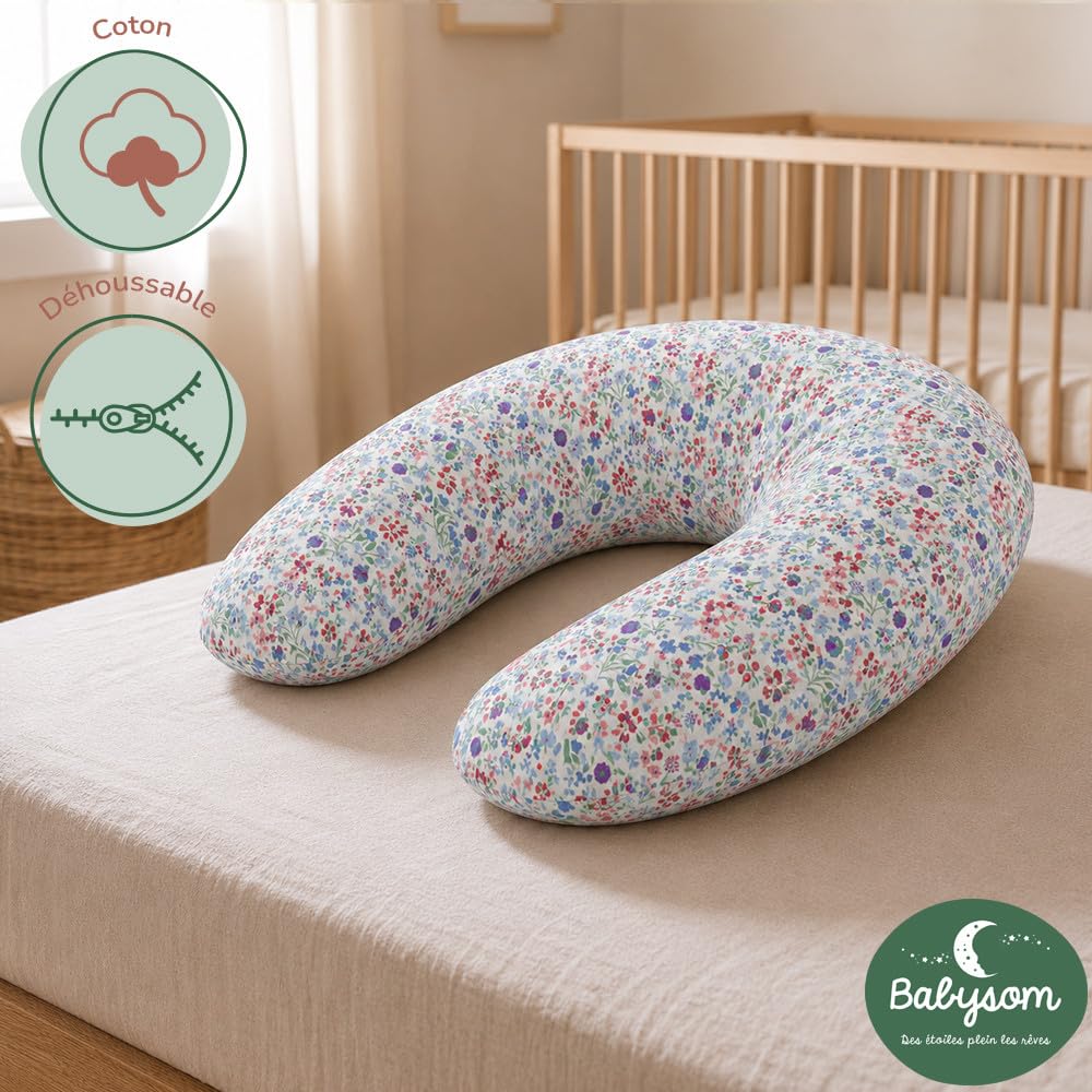Babysom Schwangerschaftskissen, mitwachsend, 2 Bezüge (Baumwolle, blaue Blume & Minky weich) + Babynestdecke – doppelter Komfort Sommer/Winter – Öko-Tex zertifiziert – XXL 170 cm