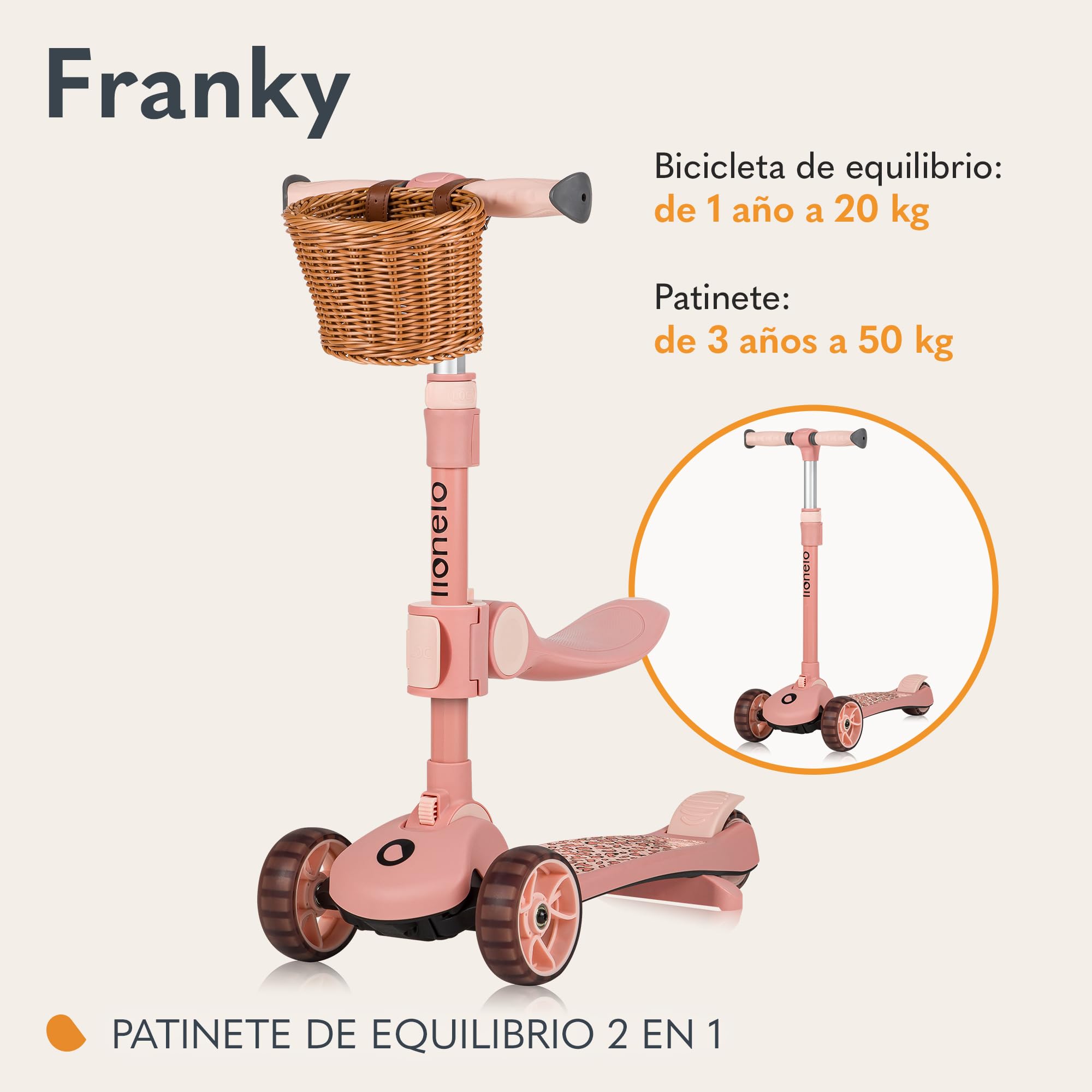 LIONELO Franky Bicicleta y Patinete 2 en 1 para niños de hasta 50 kg, Apto para niños de 1 a 7 años, con Asiento y Manillar Ajustables, Ruedas LED, Marco Reforzado