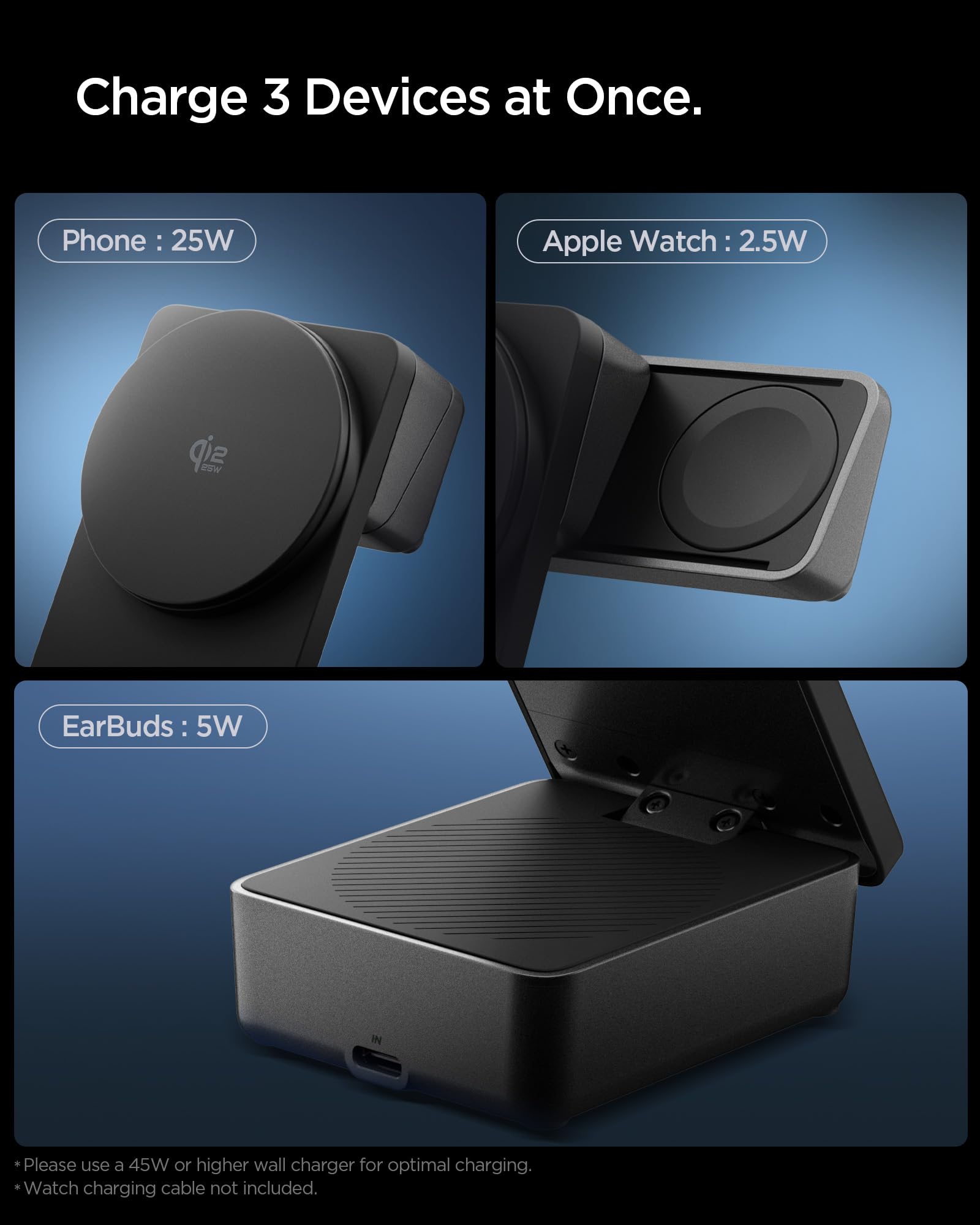Spigen Essential Qi2.2 25W 3-in-1 MagSafe Ladestation Induktive Ladestation | Kabelloses Faltbares Ladegerät, Wireless Charger, Inkl. USB-C-Kabel, Kompatibel mit iPhone 17/16/15, Apple Watch und AirPods
