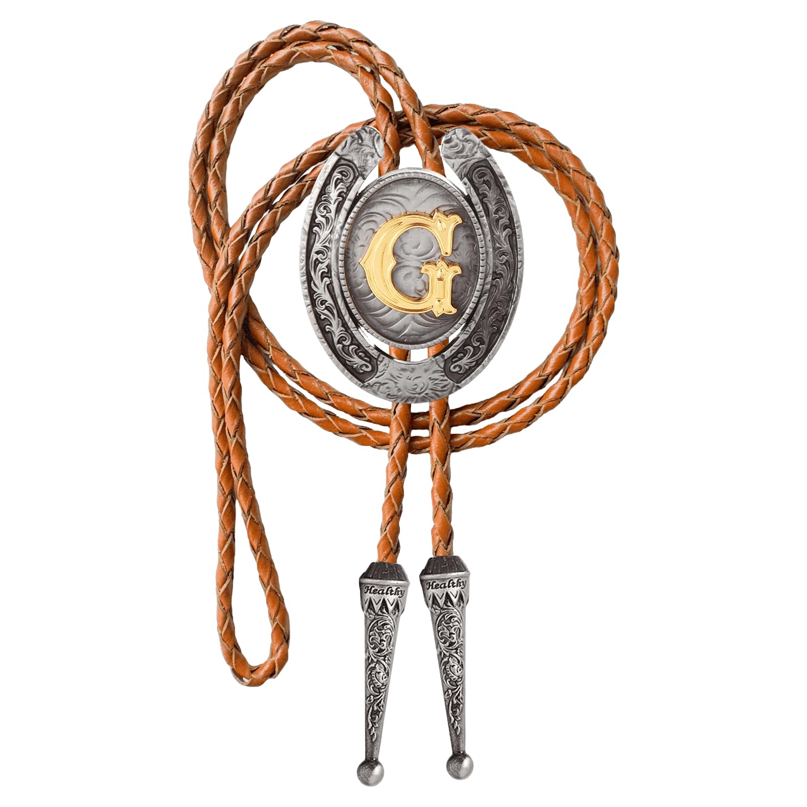 HLYMPONY Bolo tie for Men Western Cowboy Brown Leather Necktie Initial Letter ABCDJMR to Z Bolo ties for Women