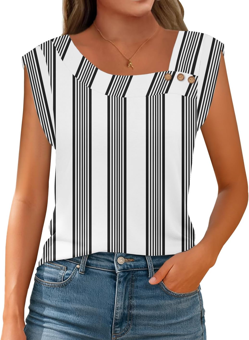 Womens Summer Tops Trendy Asymmetrical Square Neck Buttons Shirts Casual Cap Sleeve Loose Blouses