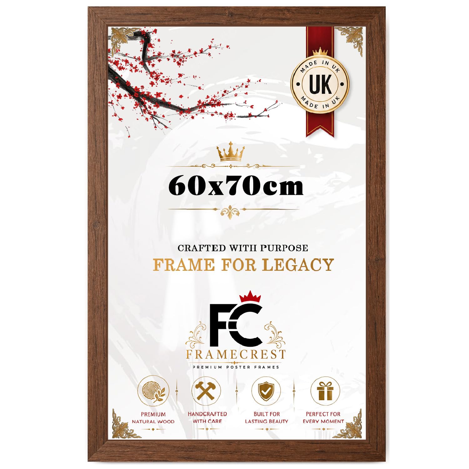 FRAMECREST Professional MDF Picture Frame 60x70cm | Walnut Finish | Clear Perspex Front | Portrait or Landscape Orientation | Perfect for Wall Art & Photographs- [Walnut] — image 1