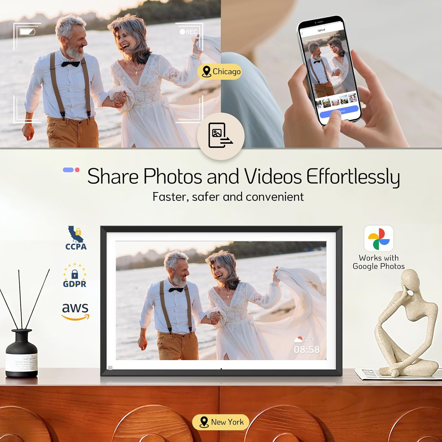 NexFoto 15.6 Inch Touchscreen Digital Picture Frame 64GB, WiFi Digital Photo Frame FHD, Add Photos from Google Photos, Share Photos/Videos via App/USB, Gifts for Birthday/Mom/Grandparents, Black