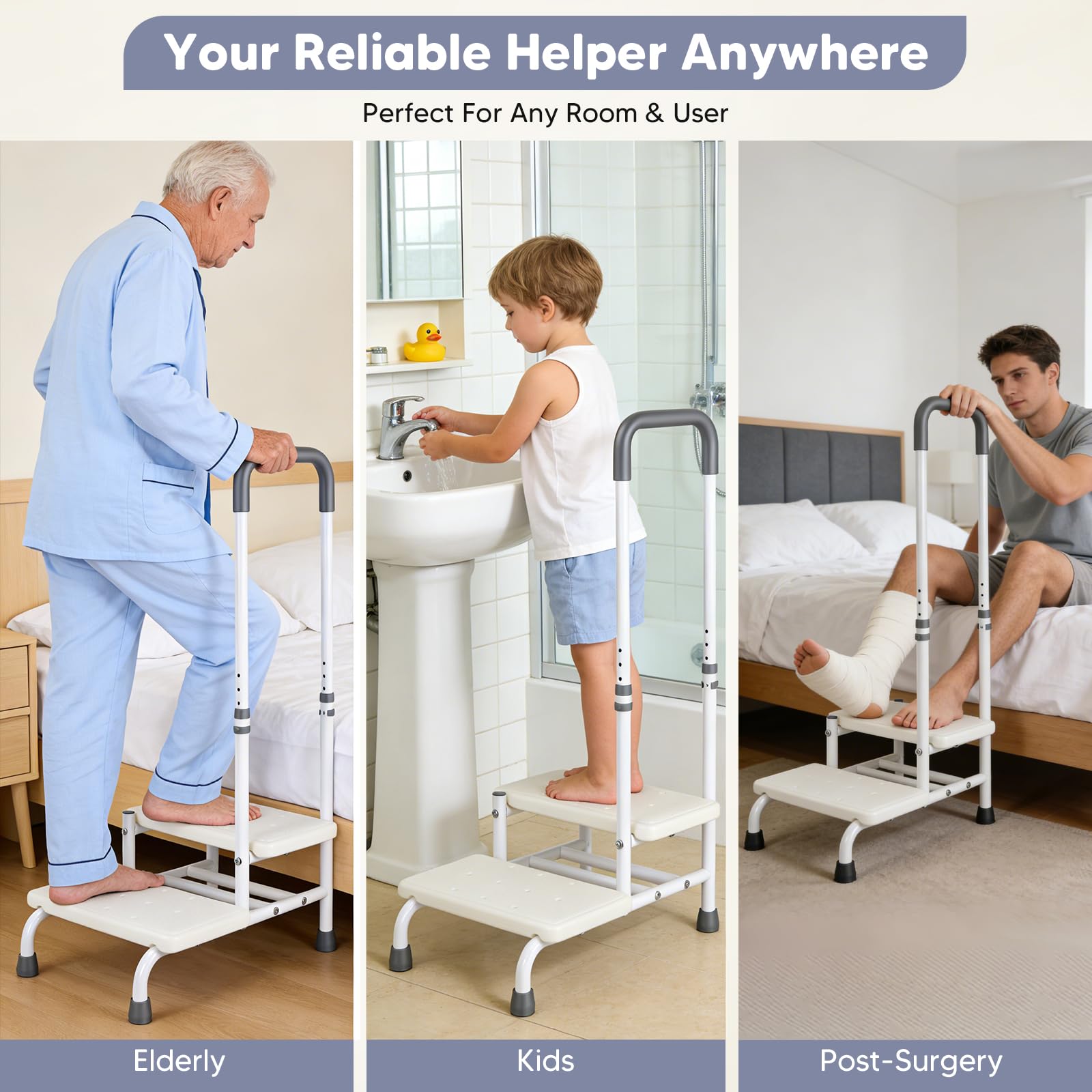 Scaletta da bagno con maniglione di supporto per anziani | Altezza regolabile in 5 posizioni (89-100 cm) | Sgabello a 2 gradini, portata massima 135 kg | Antiscivolo, ideale per vasca da bagno cucina