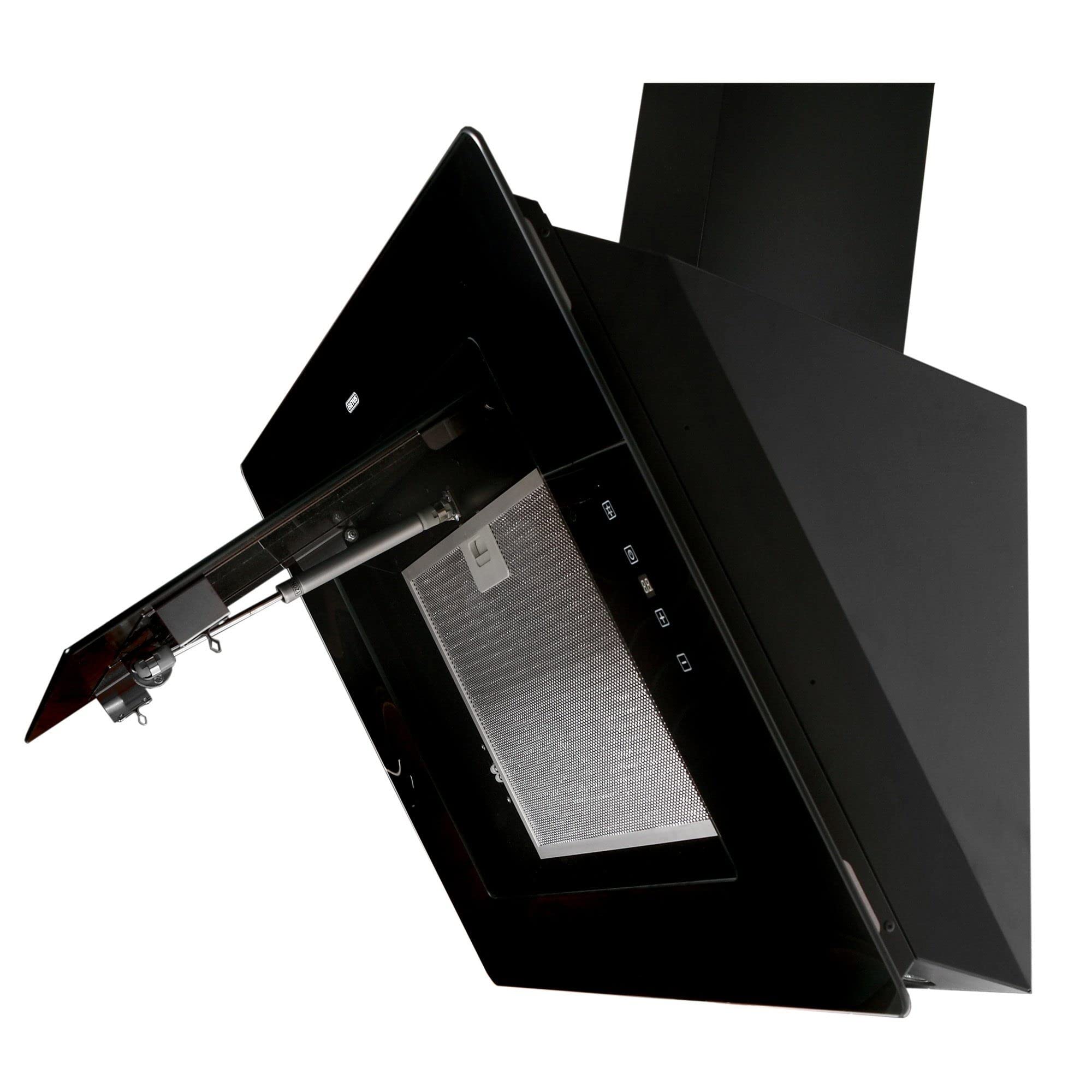 GURARI 155 60 BL Pr, cassapanca a parete, cappa da cucina di lusso 60 cm, vetro nero, 1000 m³/h estrarre bordi, per scarico e ricircolo