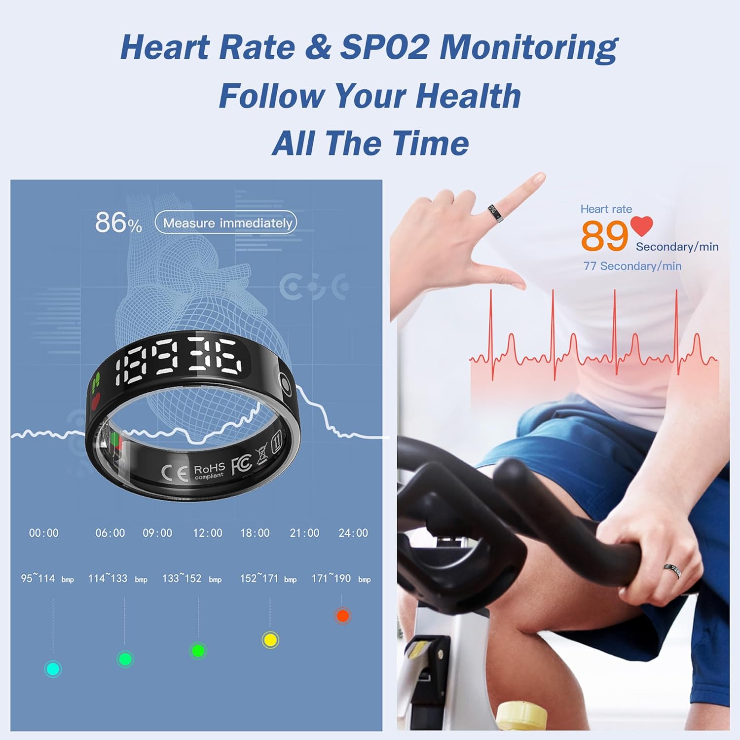 Smart Ring with Display Health Tracker Fitness Ring Heart Rate Monitoring Sleep Tracking Exercise Tracker Women Men Smart Rings for Android iOS Phones