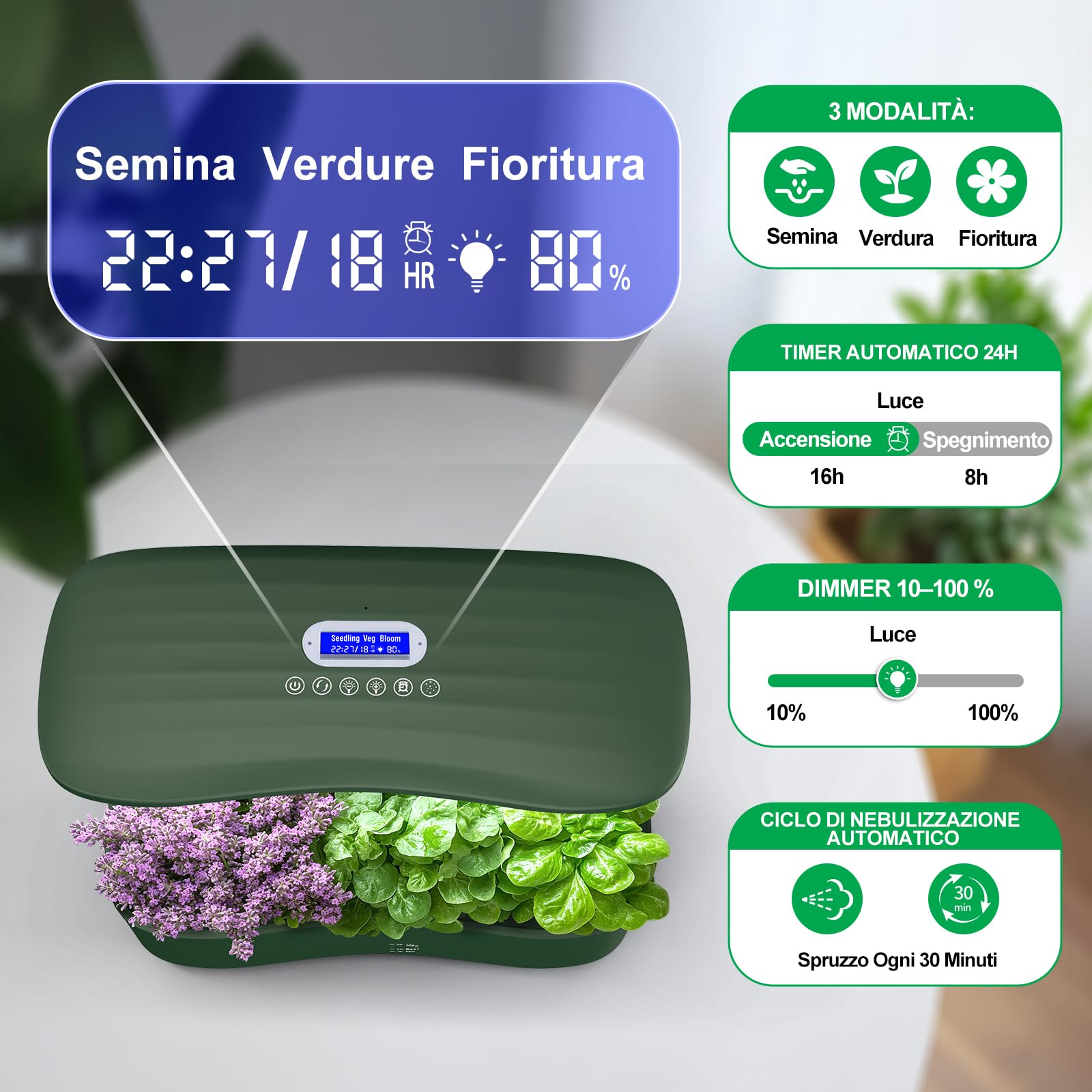 serra idroponica, kit giardino di erbe da interno, 15 baccelli, Smart Garden con timer automatico, con Luce di crescita LED a spettro completo, altezza regolabile fino a 20", serbatoio da 5L