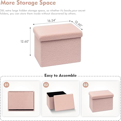 Miniatura 5 de B FSOBEIIALEO Cubo otomano de almacenamiento pequeño Sherpa otomano otomano, otomanas plegables y portátiles, piel de peluche sintética, color rosa,
