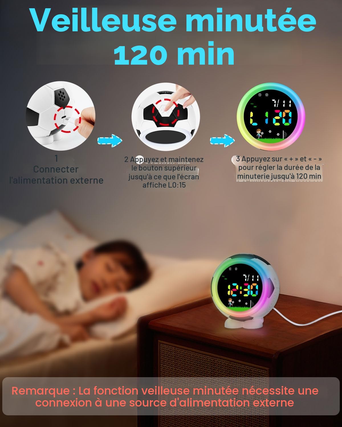 Réveil Enfant Football pour Garçons Filles Digital avec Veilleuse Snooze 6 Sonneries Double 12/24 Heures