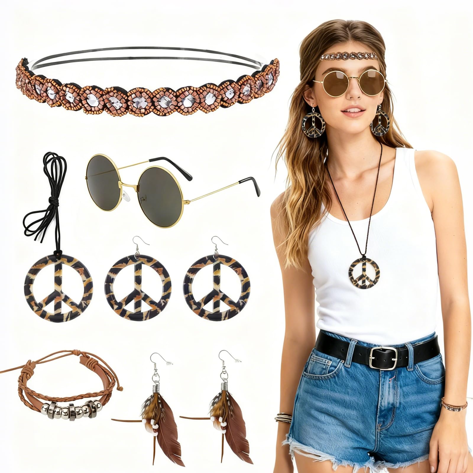 LPZMPZ Hippie 70er Jahre Schlagermove Kostümsets Women Kostüm Accessoires Faschingskostüme Damen 60er 70er 80er Jahre Boho Kleidung für Frauen Flower Power Party Kostüm Zubehör