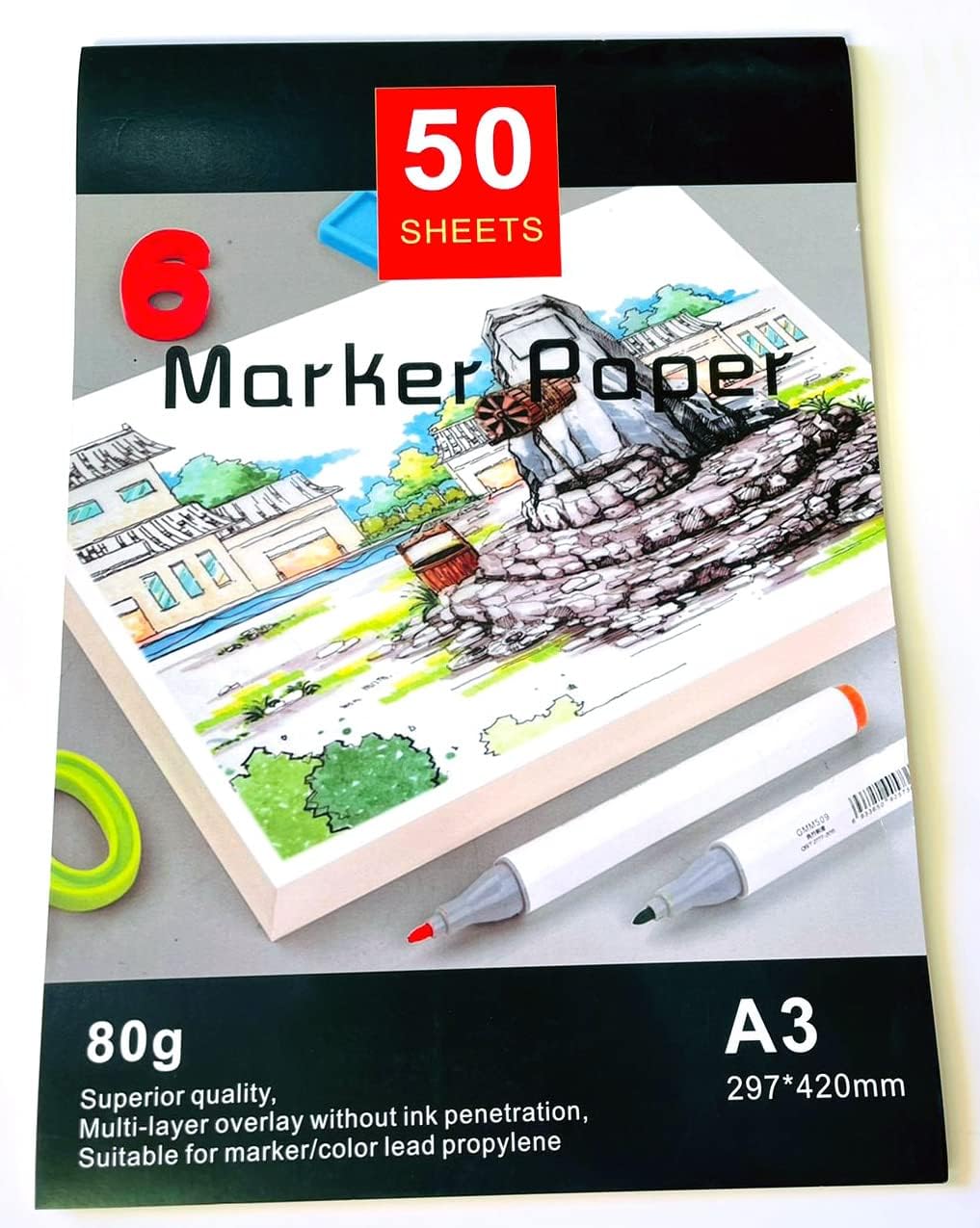 PREMIFY 50 Sheets A3 Smooth Texture Marker Sketchpad, 80GSM Sketch Book for Painting - Drawing - Pencils, Pens & Markers Sketch Pad Top Glued Bound Sketchbook