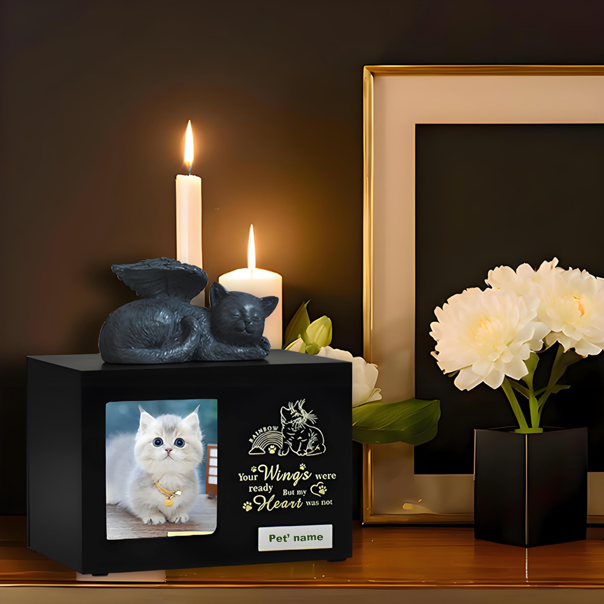 Urne per gatti personalizzate di woodurn in legno nero con foto, scatola per ceneri di animali domestici con capacità di 175 pollici cubi