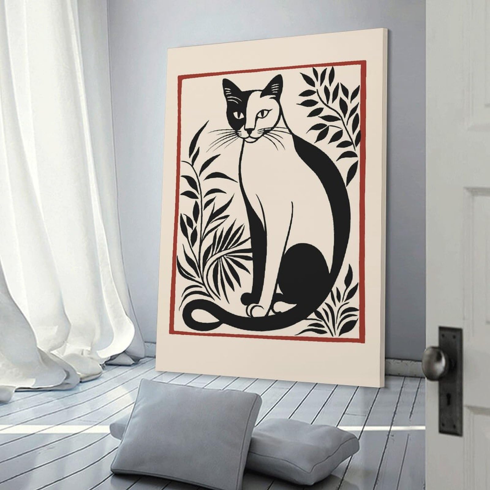 Junmoney Room Decor Wall Art Black And White Cat Illustration, 20x30inch(50x75cm), for Gallery Wall Layouts in Home Or Office, Home Wall Art for Statement Displays