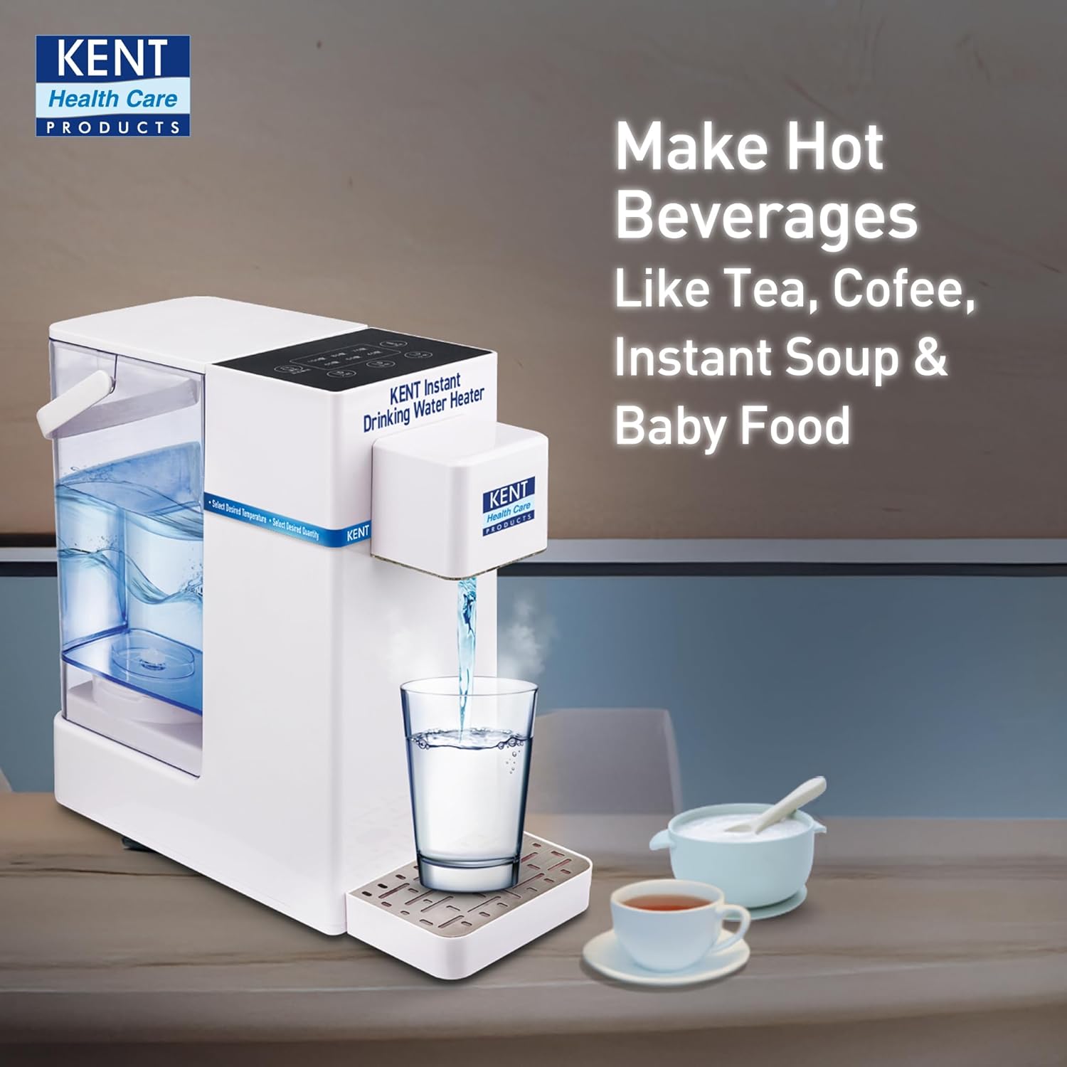 KENT Instant Drinking Water Heater dispensing hot water into a cup for tea, with a bowl of baby food nearby.
