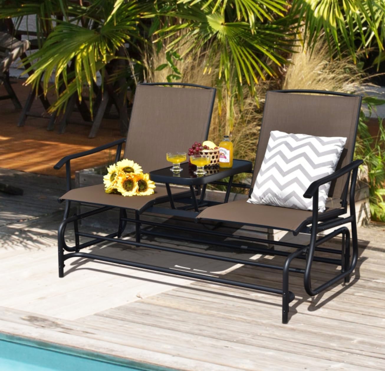 2 Seater Swing Glider Chair, Patio Rocking Loveseat Rocker w/Center Tempered Glass Table, Outdoor Swing Bench w/Steel Frame & Breathable Mesh Fabric for Porch, Deck, Balcony, Poolside, Garden (Brown)