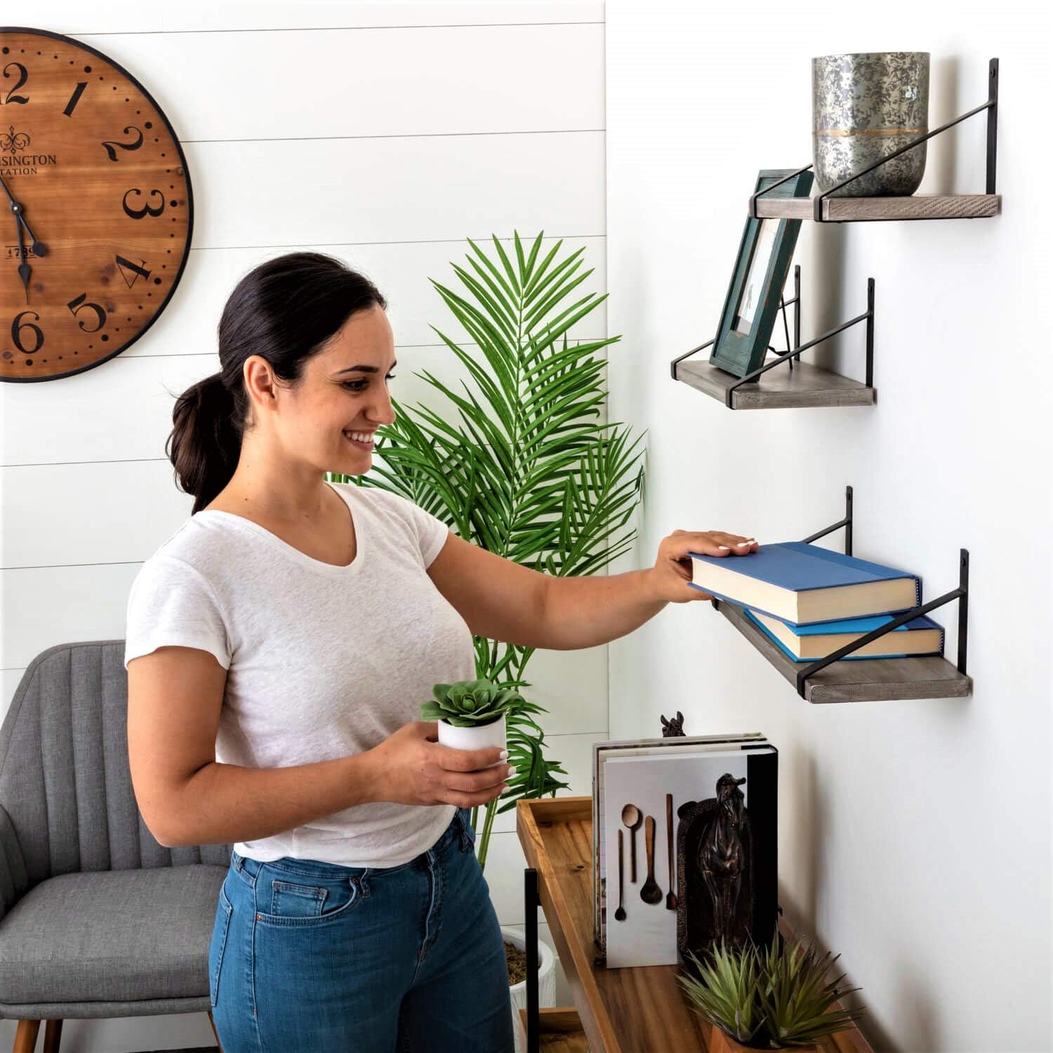 Under.Stated Wall Mounted Shelf with Towel Bar, Removeable Hooks for Kitchen Bathroom Organizer Spice Rack (Grey Wood)
