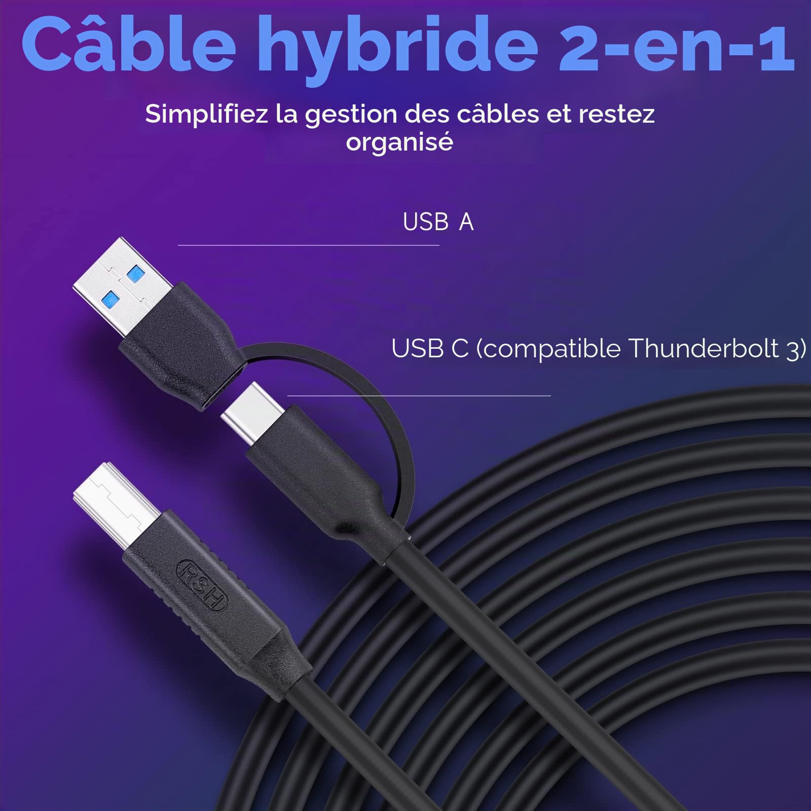 RSHTECH Hub USB Alimenté, Aluminum USB 3.0 Hub 7 Ports RGB, RSH-518R | 14 Modes d'éclairage RGB, Alimentation 5V/4A, Interrupteur Tactile et Câble de Données (Type A/C), Hub USB Gamer RGB