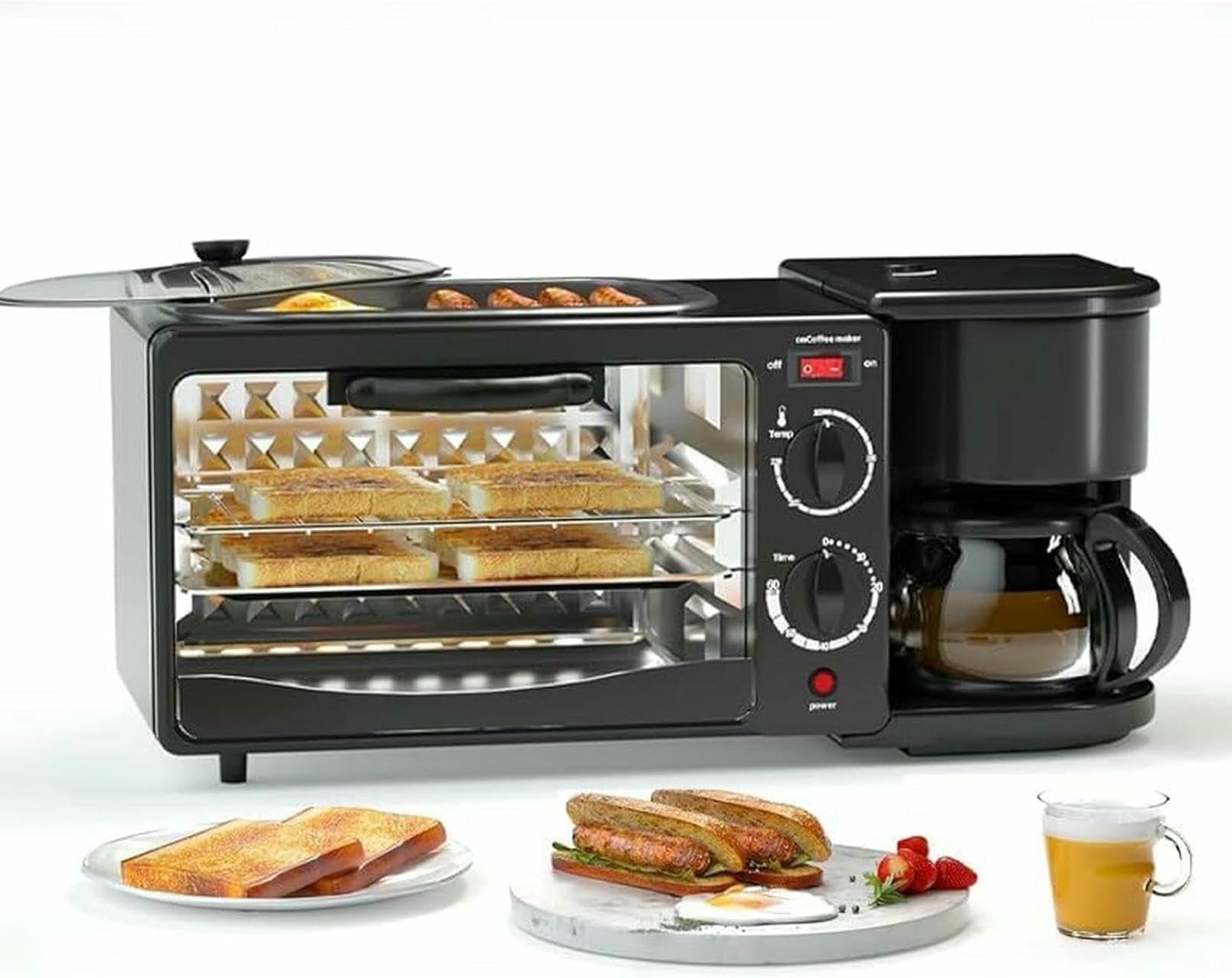 3 in1 Breakfast Machine Station, w/Coffee Maker, 15L Oven,Temperature Control Frying Pan, Versatile Breakfast Maker for All-Day Breakfast