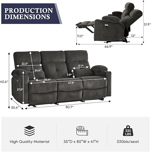 Miniatura 2 de Sofá reclinable eléctrico de 80 pulgadas con calor y masaje, sofá reclinable eléctrico con reposapiés extendido, sofá reclinable de 3 plazas con