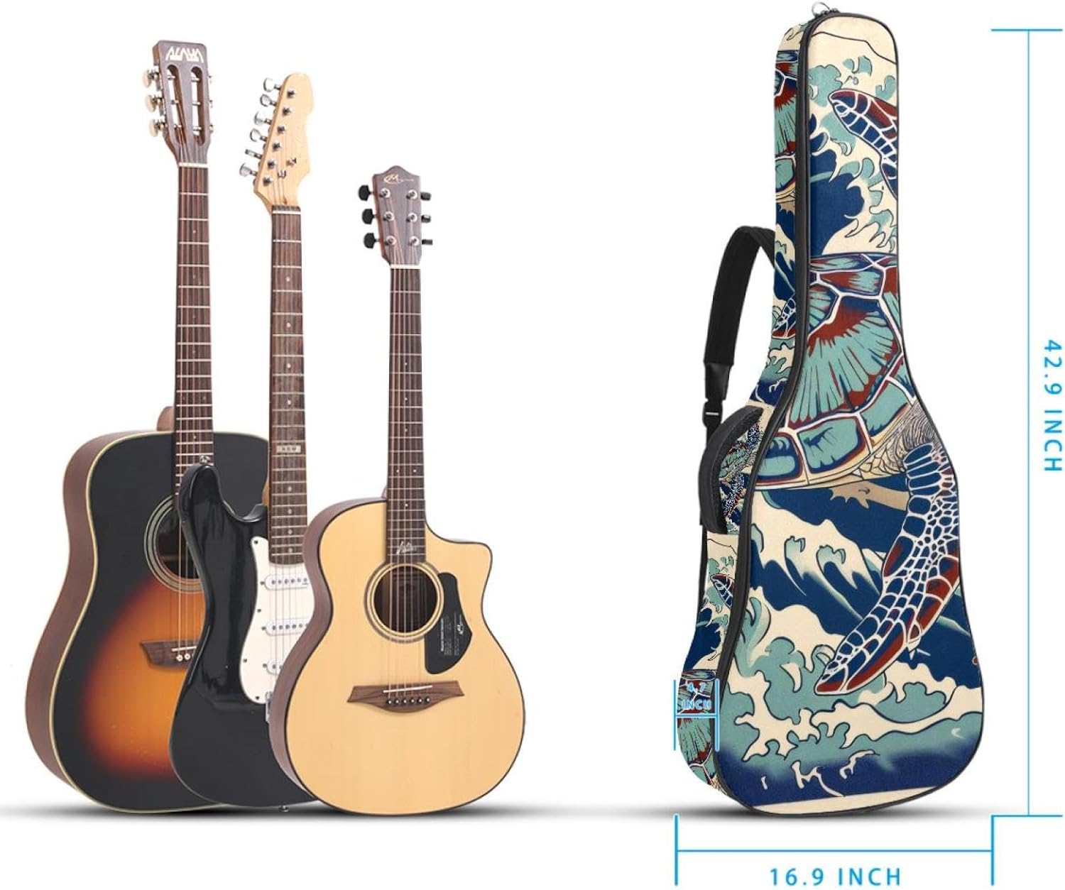 Acoustic Guitar Gig Bag 1 cm Thick Padding, Waterproof Electric Guitar Bag 40-42 Inch Guitar Case Backpack with Dual Shoulder Strap, Sea Turtle wiht Ocean Wave