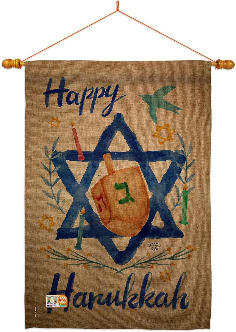 Happy Hanukkah House Flag Dowel Set Wintertime Candle Bonsai Menorah Jewish Chanukah David Small Decorative Gift Yard Banner Made In USA 28 X 40
