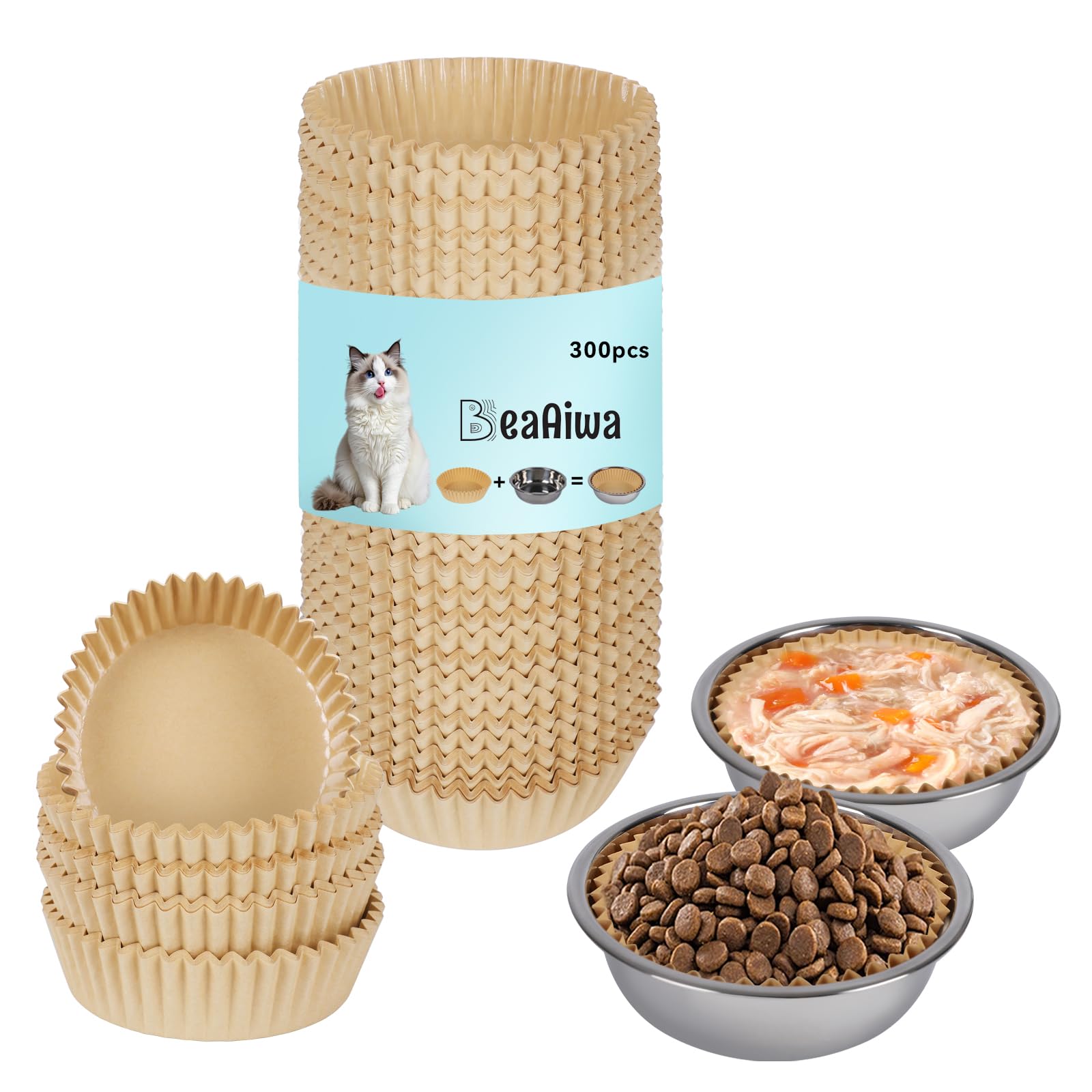 Disposable Cat Food Bowl Set (300 Pcs Small Paper Bowls + 2 Pcs Stainless Steel Pet Bowls) Dog Disposable Bowls Disposable Cat Plates for Wet Food Pet Food Bowl for Pet Feeding Station(Khaki Brown)