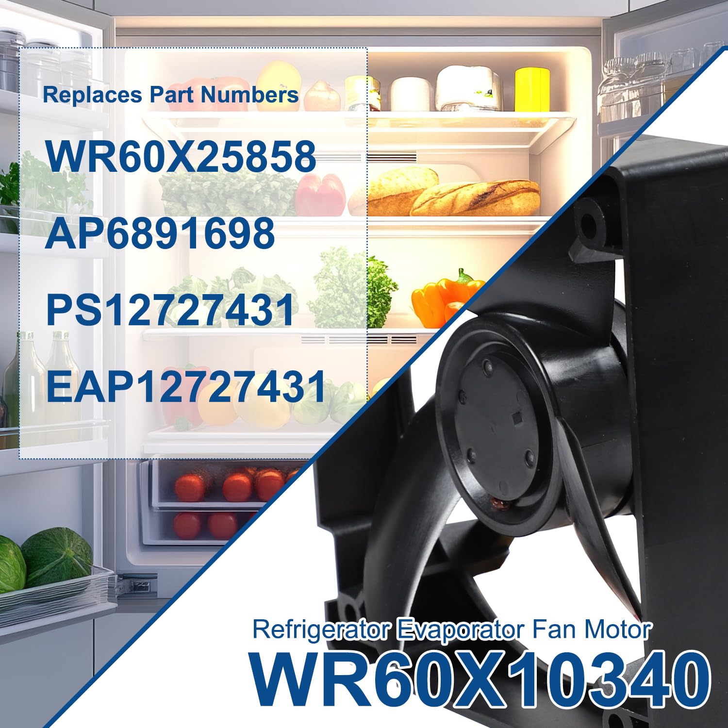 WR60X10340 Refrigerator Evaporator Fan Motor Compatible with GE Freezer Cooling Fan U11P14MS7A3-57A611 239D1371P001 Replaces AP6891698 PS12727431 EAP12727431 Size: 4.4 x 4.4 Inch
