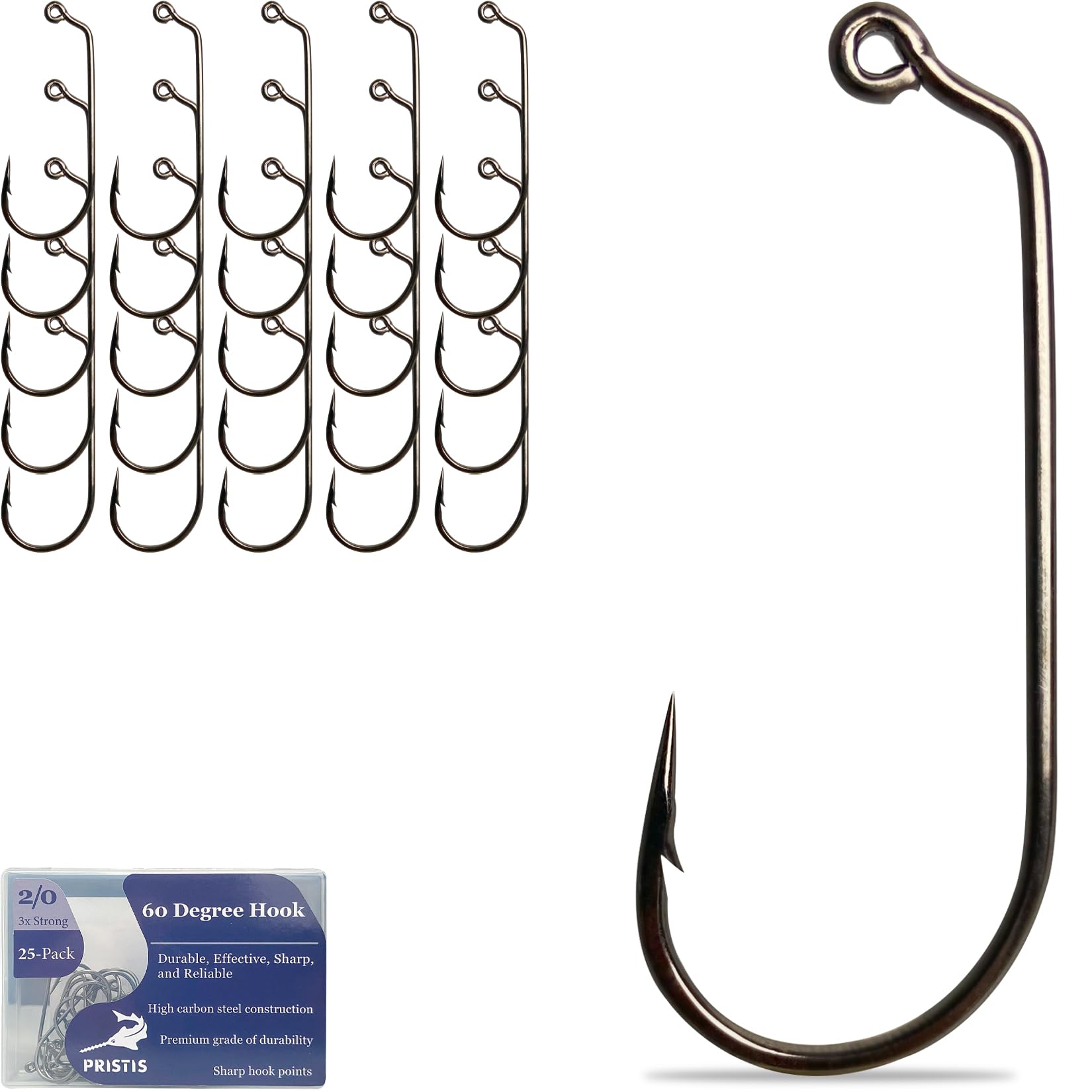 Pristis 25 Pack High Carbon Steel Fishing Hooks, Reinforced EWG Circle Octopus Round Bend 60 Degree Wide Gap Strong Barbed Worm Fish Hook Jig Bait Rig