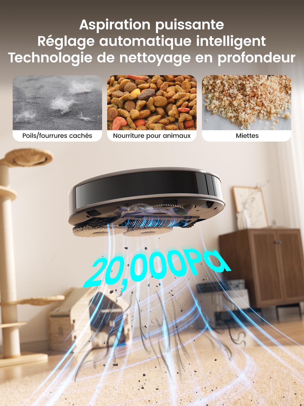 Lefant M3 Max Robot aspirateur avec Fonction de Balayage, 20000 Pa, Navigation LiDAR, autonomie de 220 Min, Commande vocale Intelligente, idéal pour Les Poils d'animaux, Les Cheveux, la poussière