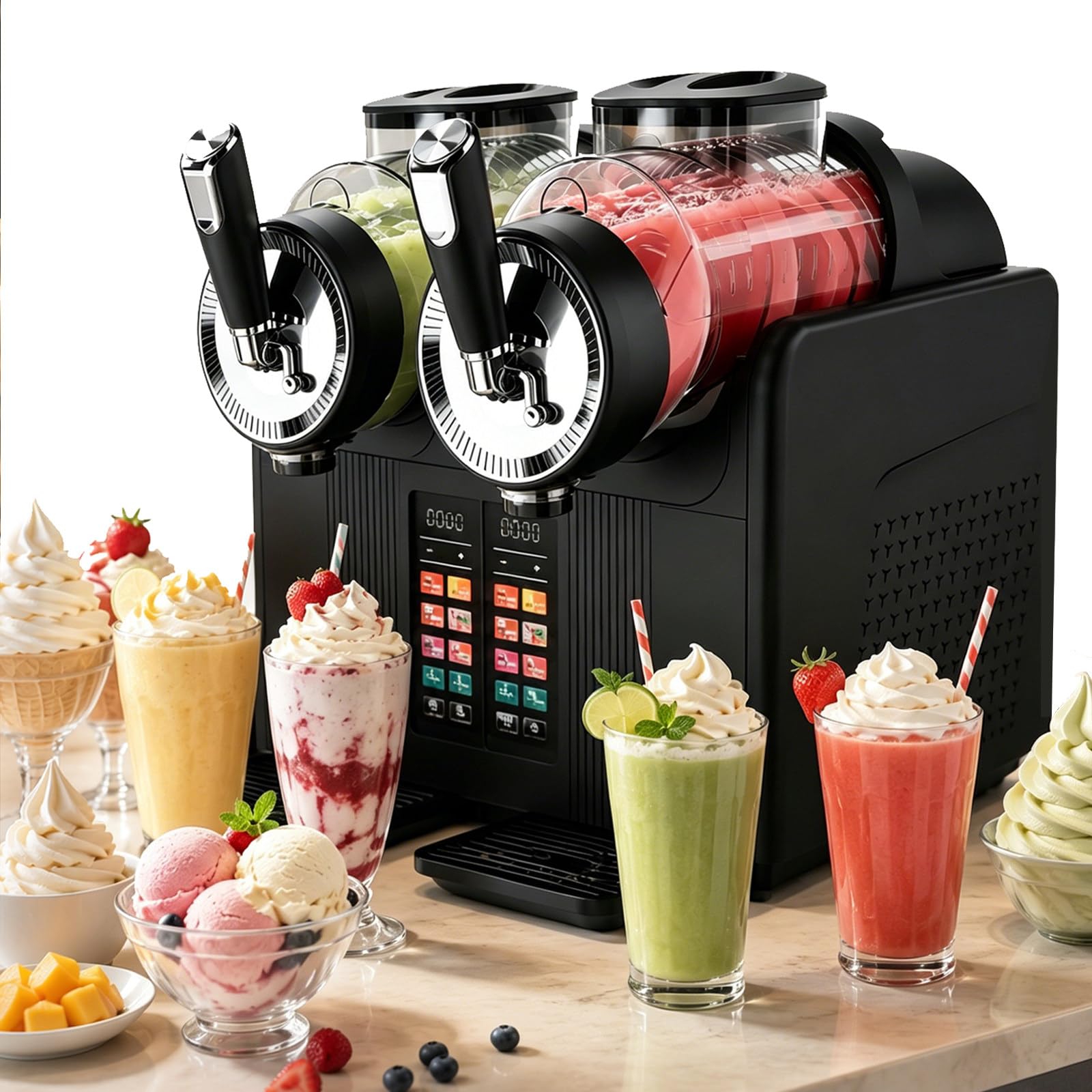 Slushie Machine & Soft Serve urządzenie do robienia lodów, 2 w 1, z podwójnymi zbiornikami 2 l, wyświetlacz LED, 6 wstępnie ustawionych trybów, automatyczne czyszczenie do domu i na imprezy