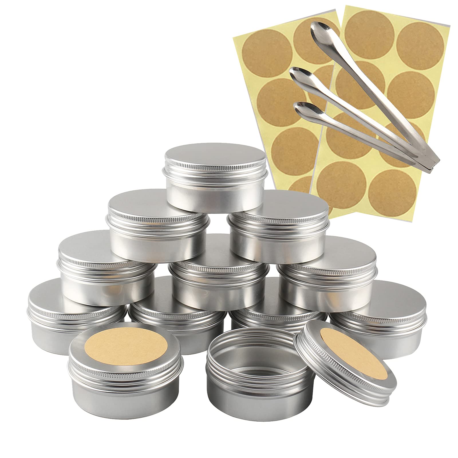 100 Stück Leere 80 ml Rund Silber Aluminium Tins Schraubdose Cremedose Alu-Tiegel Dosen mit Schraub-Deckel 5ml Aludose Blechdosen für Kosmetik Kerze Salben 3x Löffel, 100x Etikette