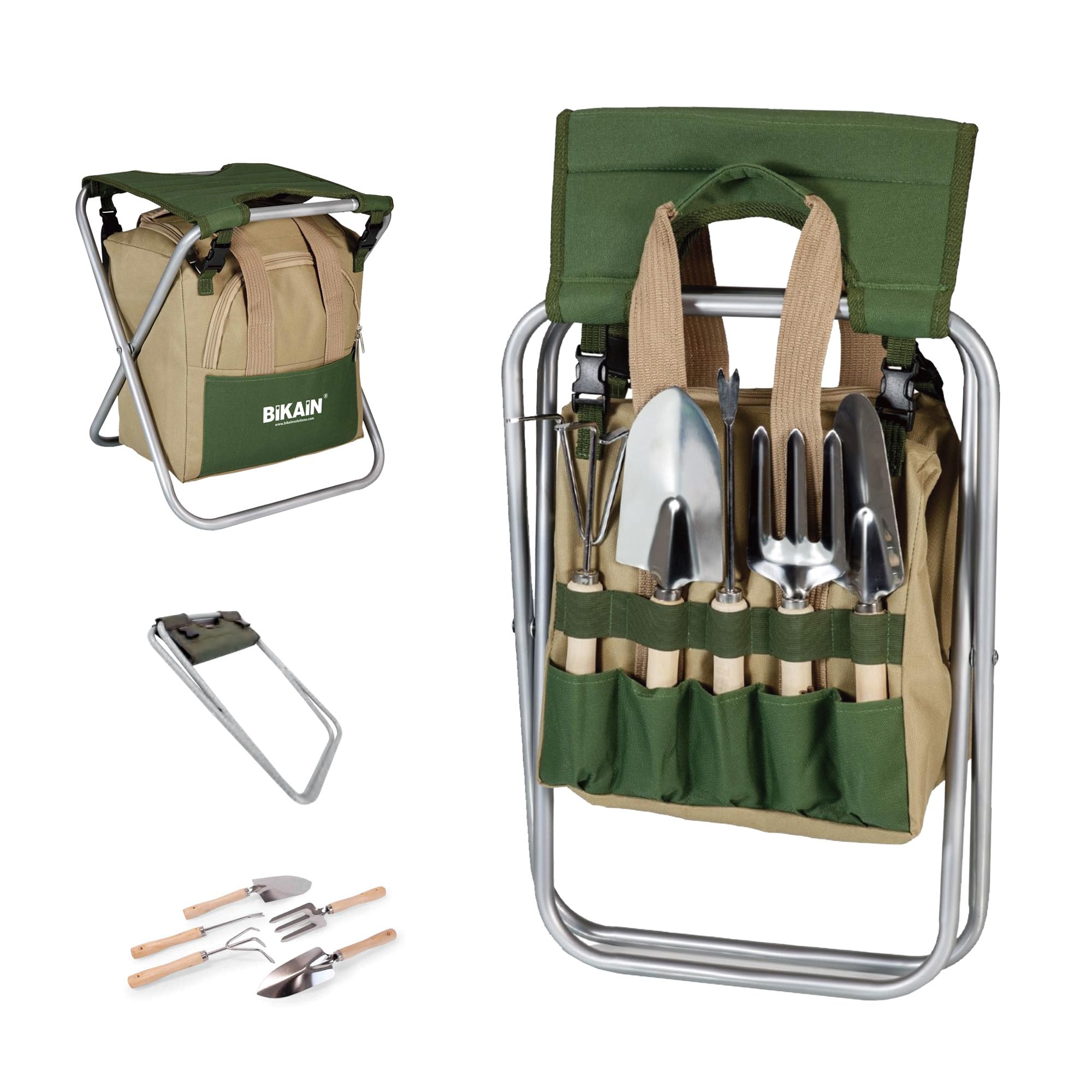 BIKAIN - Herramientas de Jardinería - Taburete Plegable + Bolsa + Herramientas - Kit de Jardinería - Bolsa de Almacemiento con Cremallera - Incluye 5 Herramientas con Mango de Madera
