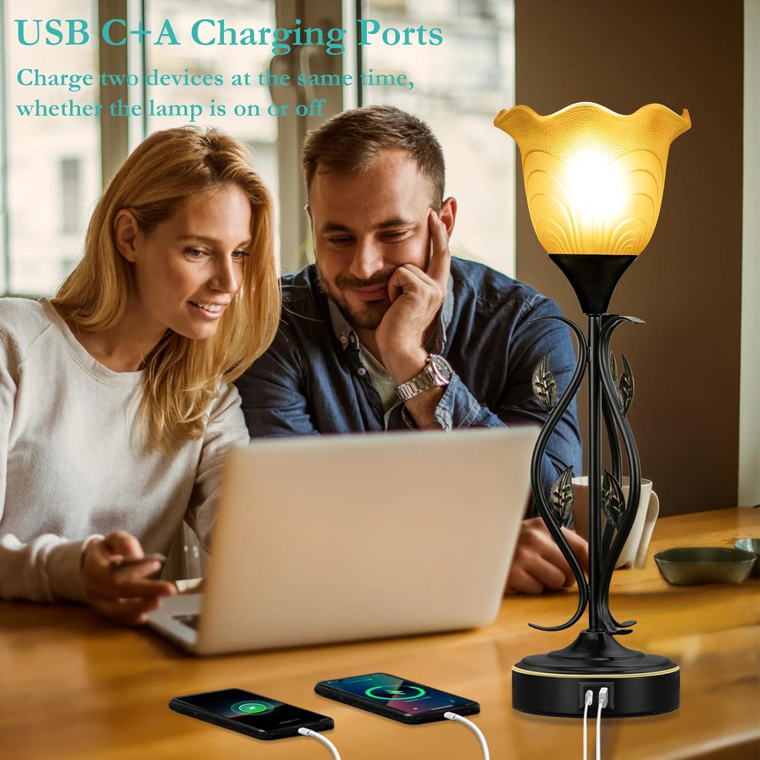 20" Table Lamps for Living Room – Set of 2 Touch Bedside Lamps with USB C Ports, Leafy Vines Amber Flower Shade, Torchiere Design for Bedroom Nightstand, LED Bulbs, Easy Assembly