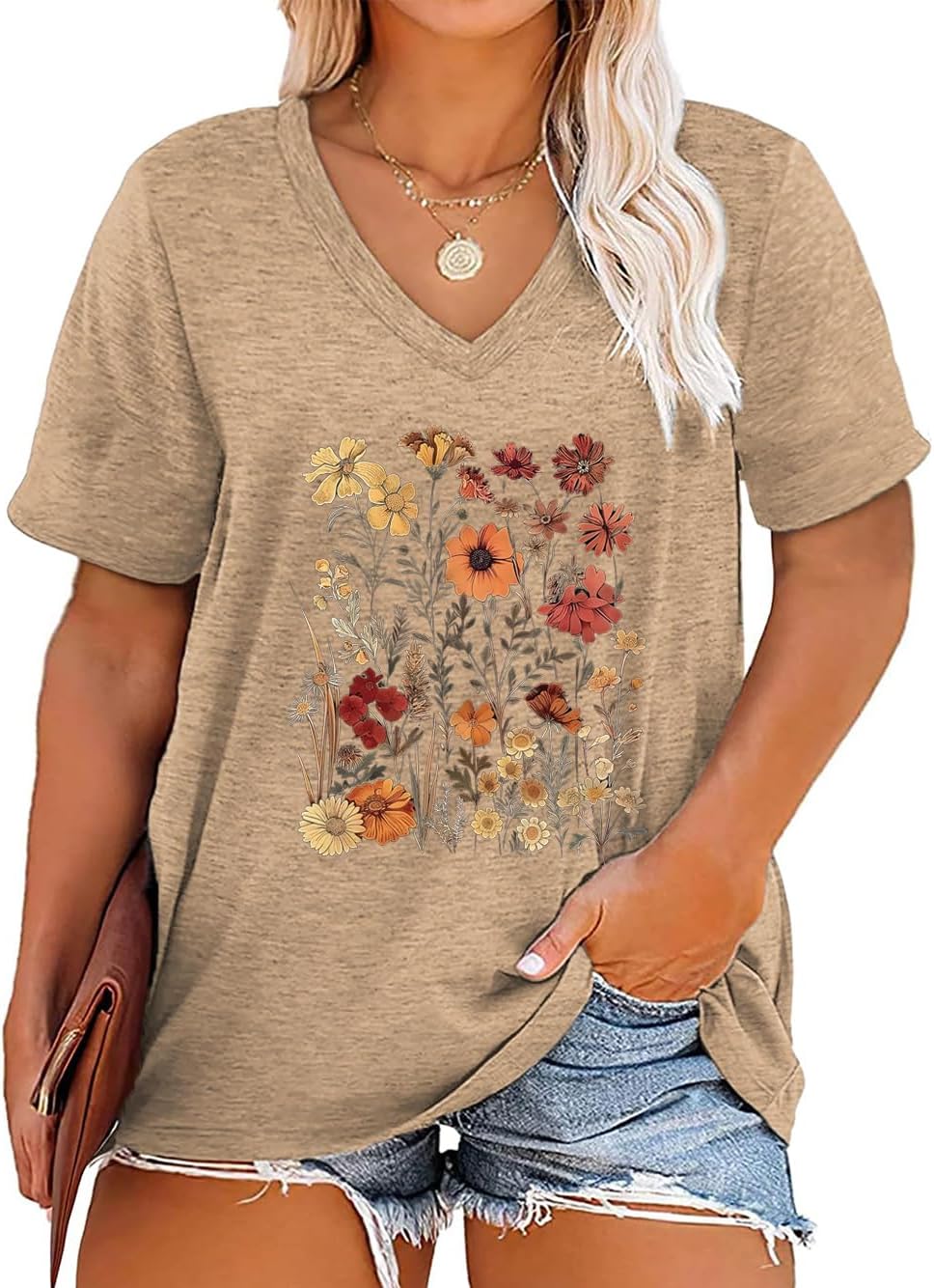 Womens Plus Size Tops Boho Floral Short Sleeve V Neck T-Shirt Casual Summer Wildflower Graphic Tees