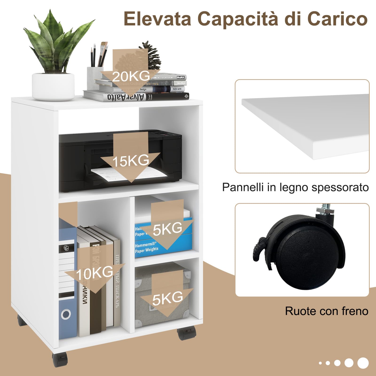 PUNCIA Mobiletto per Archivio Mobile 50x40x75 CM Armadietto Portadocumenti in Legno Schedario da Ufficio 5 Scomparti Aperti Armadio Stile Industriale per File Mobili per Ufficio e Casa (Bianco)
