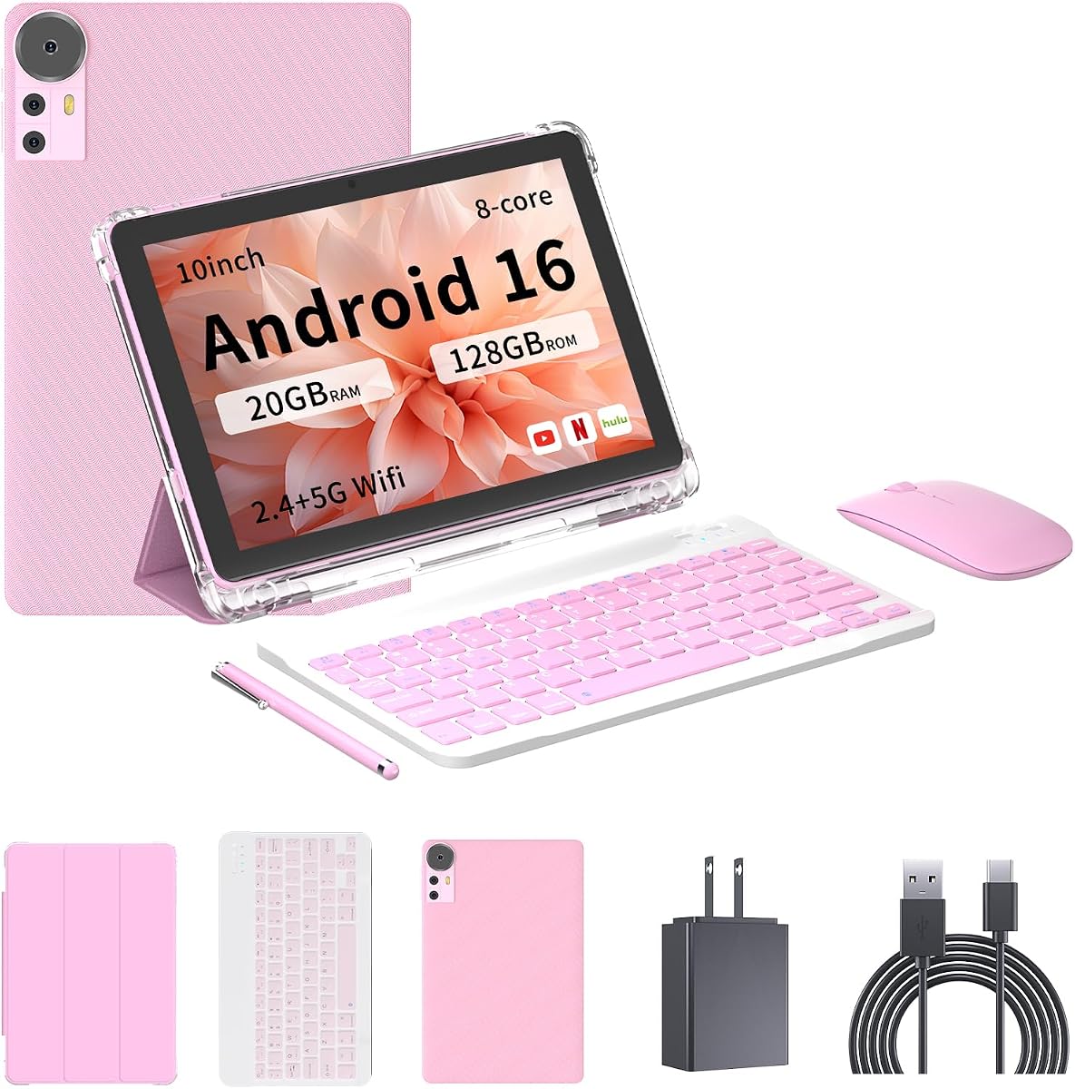Tablet with Keyboard | Android 16 | Tablet 10 inch | 2 in 1 Tablet | 20GB+128GB+2TB Expand | 2.0GHz CPU Quad-Core | 5G WiFi 6 BT 5.0 | Tablets with Case Mouse | Widevine L1 | Pink