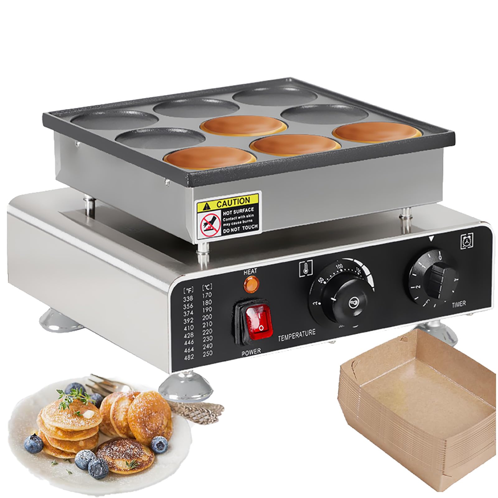 Komercyjna muffinka i mini naleśniki, stal nierdzewna 850W, nieprzywierające 9-szklankowe płyty, regulowana temperatura 50–300 °C, 5-minutowy timer