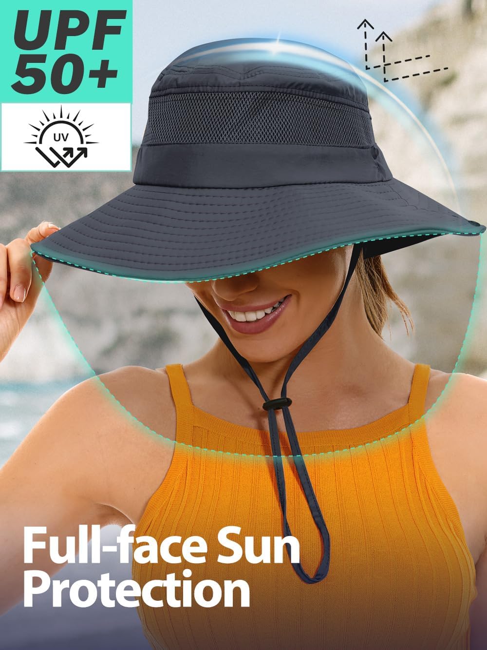 Sun Bucket Beach Hats for Women with Ponytail Hole,Sun Protection UV UPF50+ Waterproof Fishing Safari Hiking Hat - Image 4