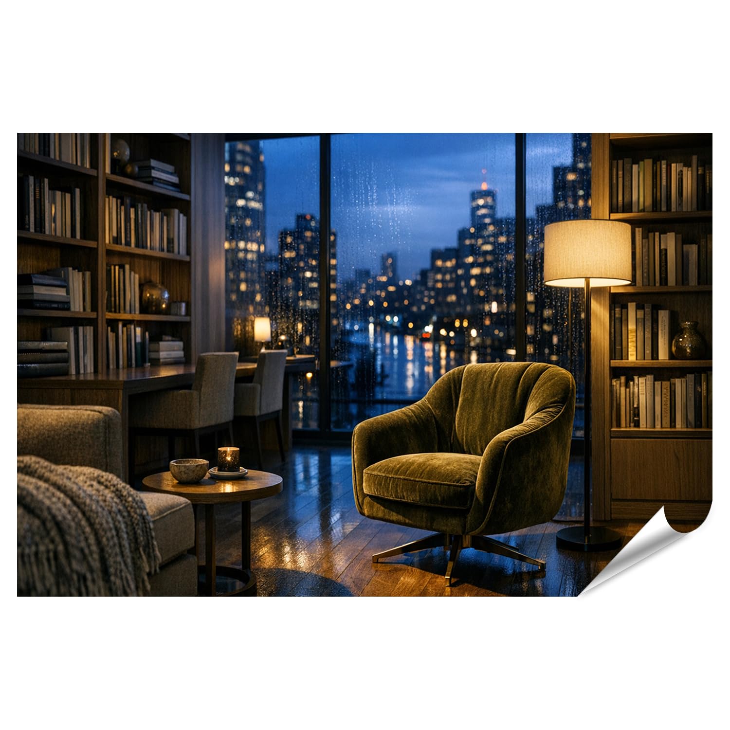 islandburner Poster de qualité supérieure - Bibliothèque moderne avec vue sur la ville et fauteuil de lecture confortable - Grand format