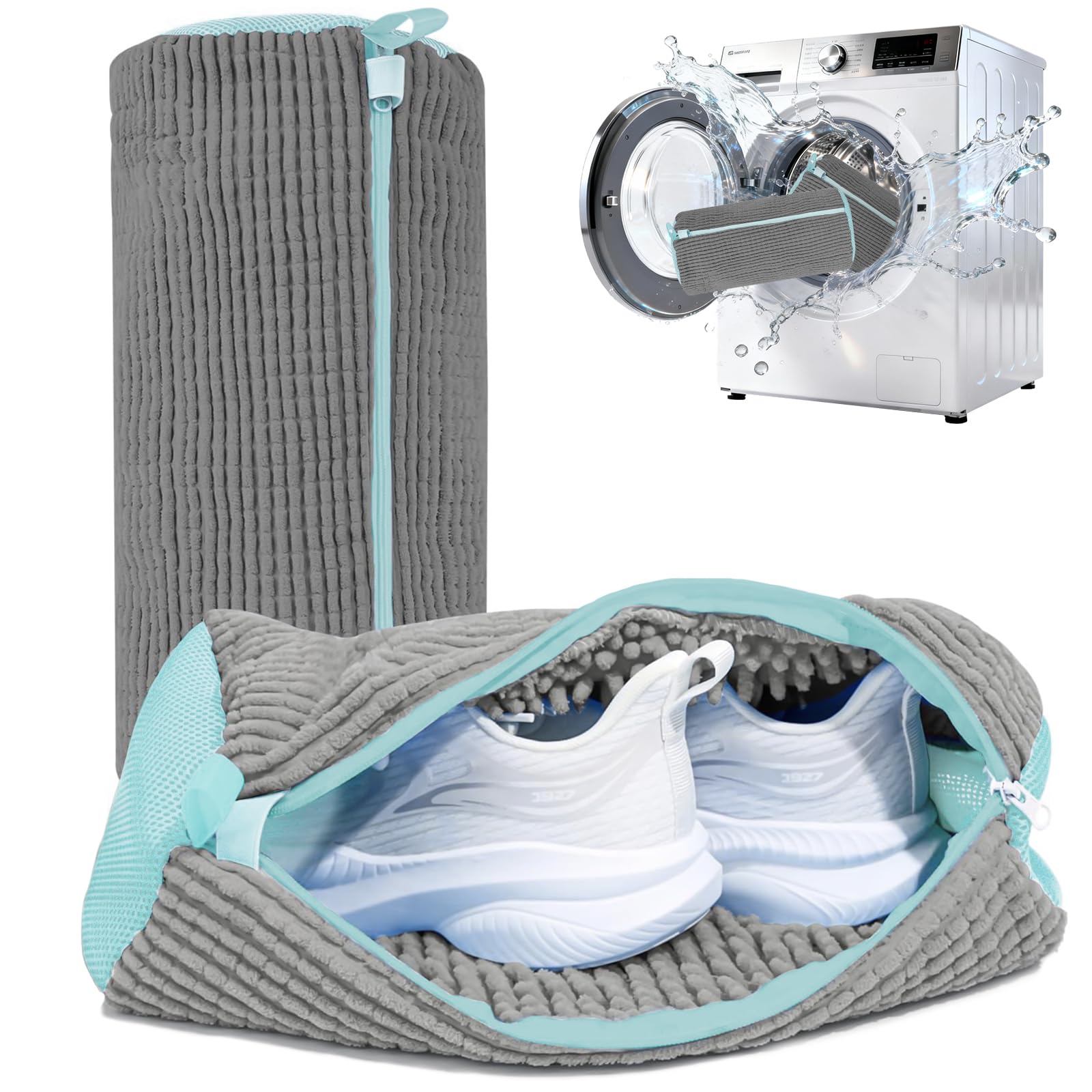 Sacchetto per Lavare Scarpe in Lavatrice, 2 Pezzi Grigi, Cerniera Antiruggine, Oltre 10.000 Microfibre, Protezione 360° per Lavaggio e Asciugatura, Adatto a Sneakers, Sportive e in Tela (Grigio 2)