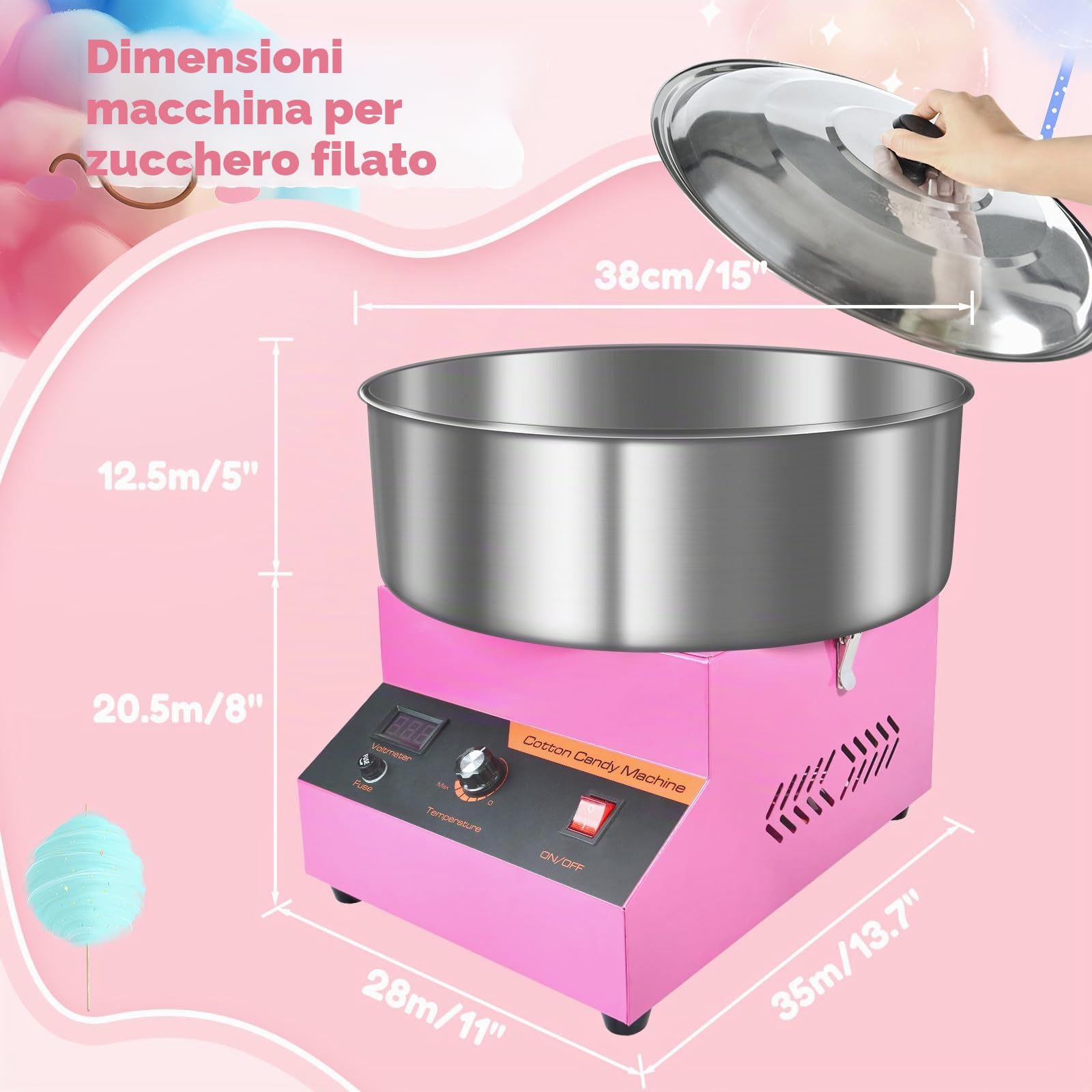 Macchina Zucchero Filato Professionale, 1000W Macchina per Zucchero Filato Grande da Banco - con Ciotola in Acciaio Inossidabile, Temperatura Regolabile, per Bambini, Casa, Compleanno, Feste (Rosa)