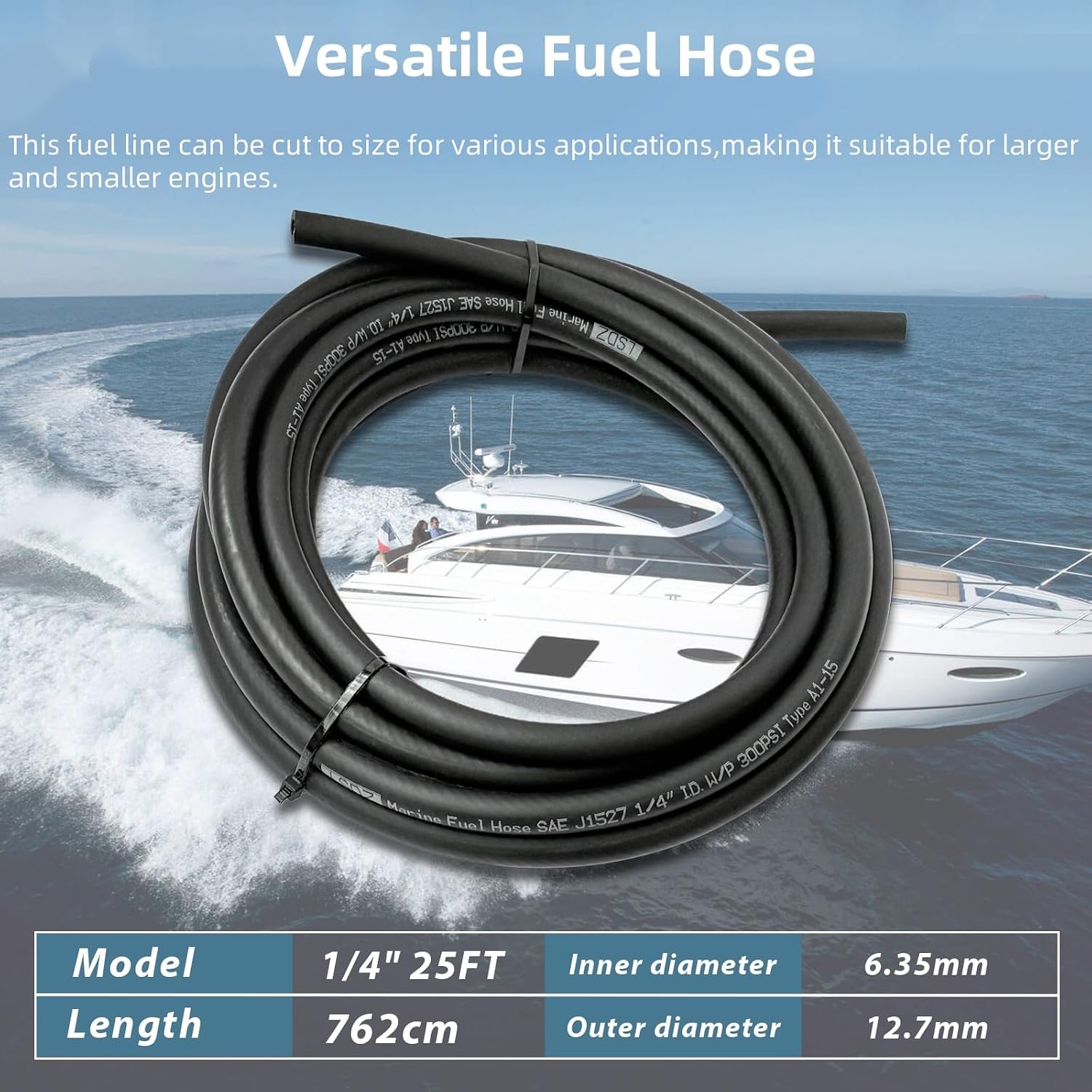 1/4" Marine Fuel Hose Feed Line Rubber Type A1-15 / SAE J1527 Standards Fits for Ships and Marine Equipment (1/4 inch 25FT)