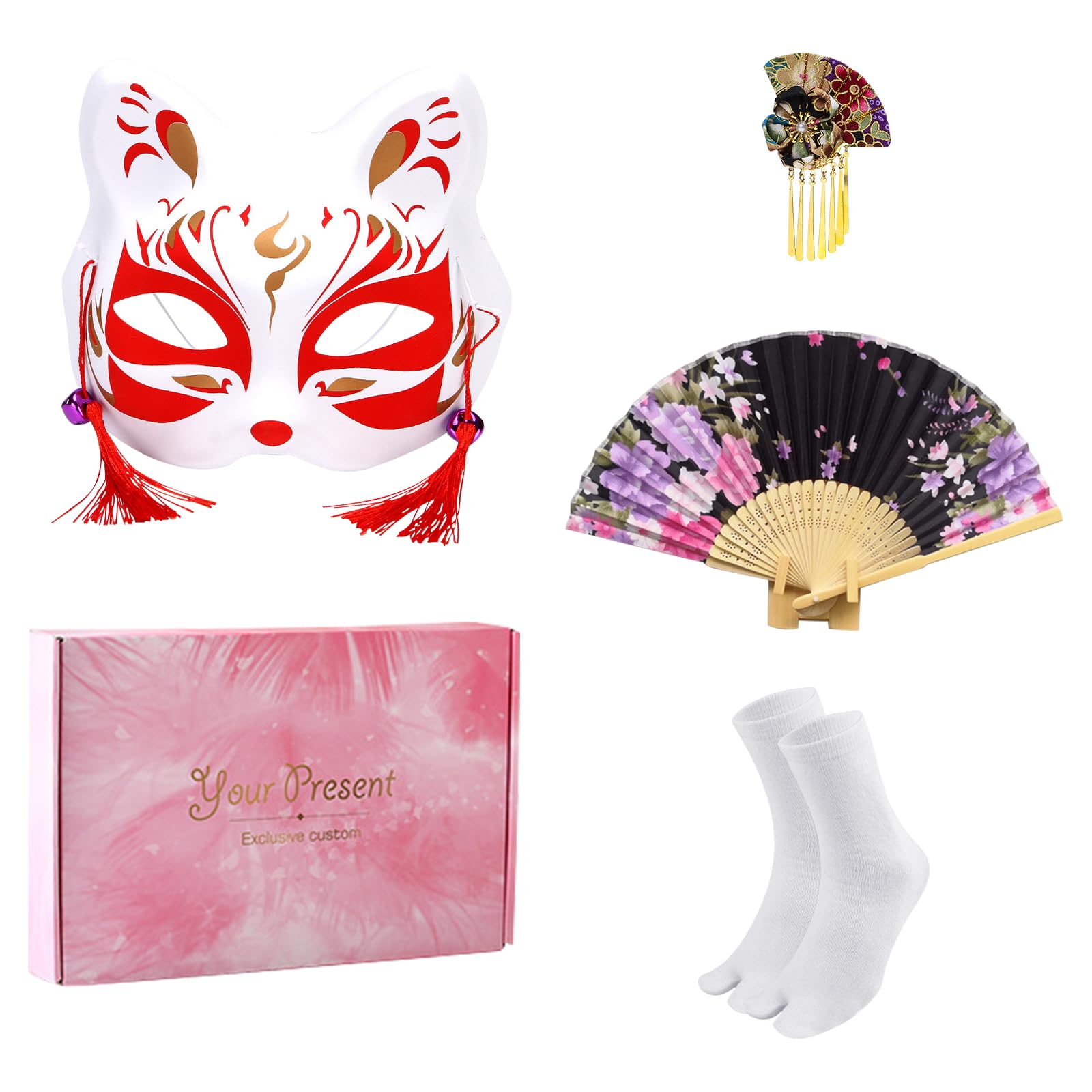Kimono Japonais Femme Court,Yukata Imprimé Floral avec Accessoires | Kimono Été, Taille Unique, Ensemble avec Éventail, Maske, Cheveux, Coffret Cadeau, Ideal pour Carnaval, Fête, Anime-Con