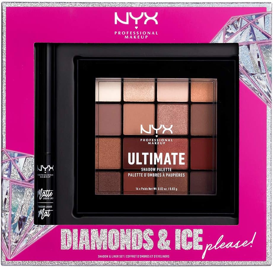 NYX PROFESSIONAL MAKEUP (Gift Idea: Liner + Eyeshadow Palette) - Diamonds & Ice Shadow And Liner Set - Matte Liquid Eyeliner + Ultimate Shadow Palette - Warm Neutrals
