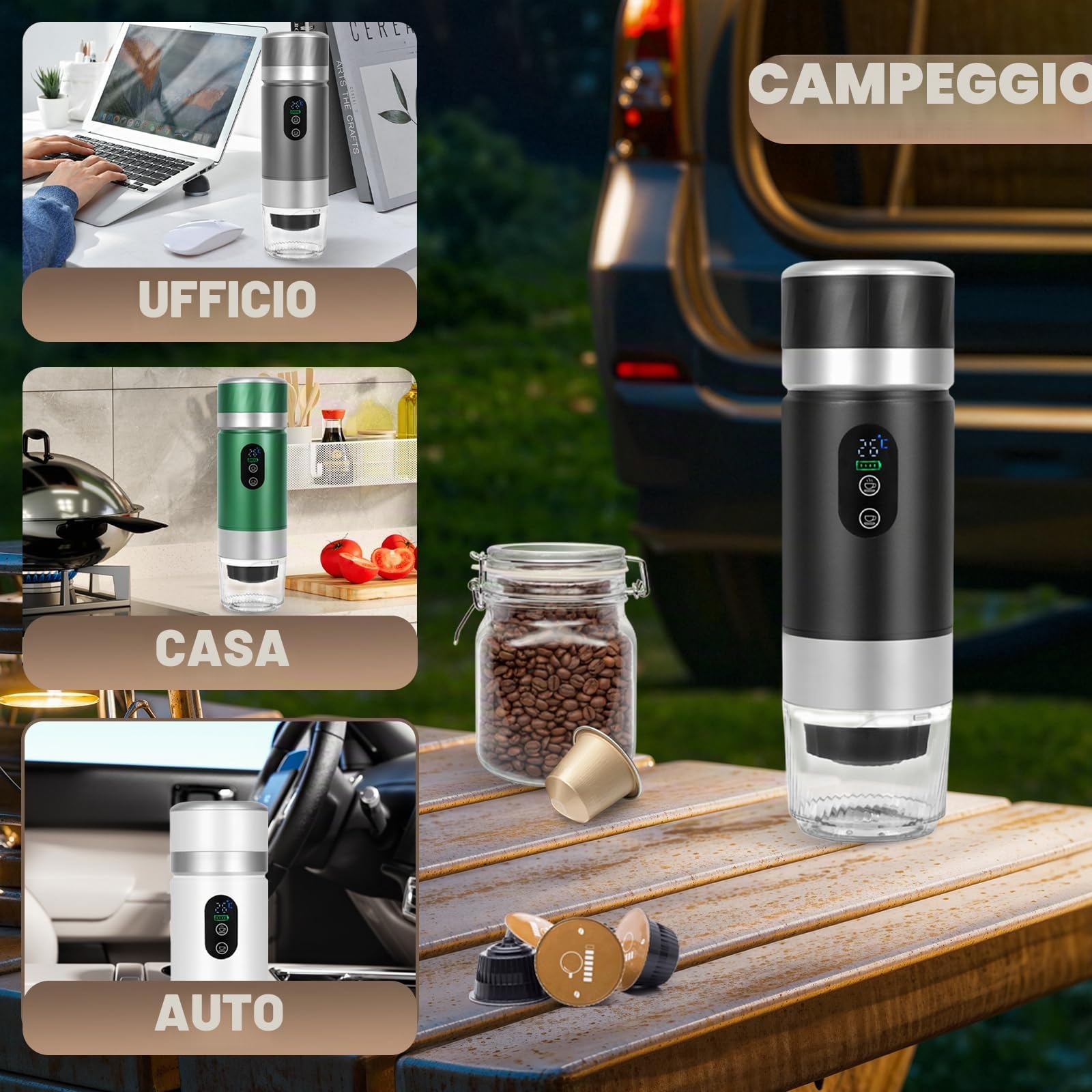 Bostar Macchina da Caffè Portatile, 3 in 1 Elettrica Portatile Espresso Ricaricabile per Caffè Espresso, Display Digitale per Capsule Piccole Grandi e Caffè Macinato per Ufficio Viaggio (Nero)
