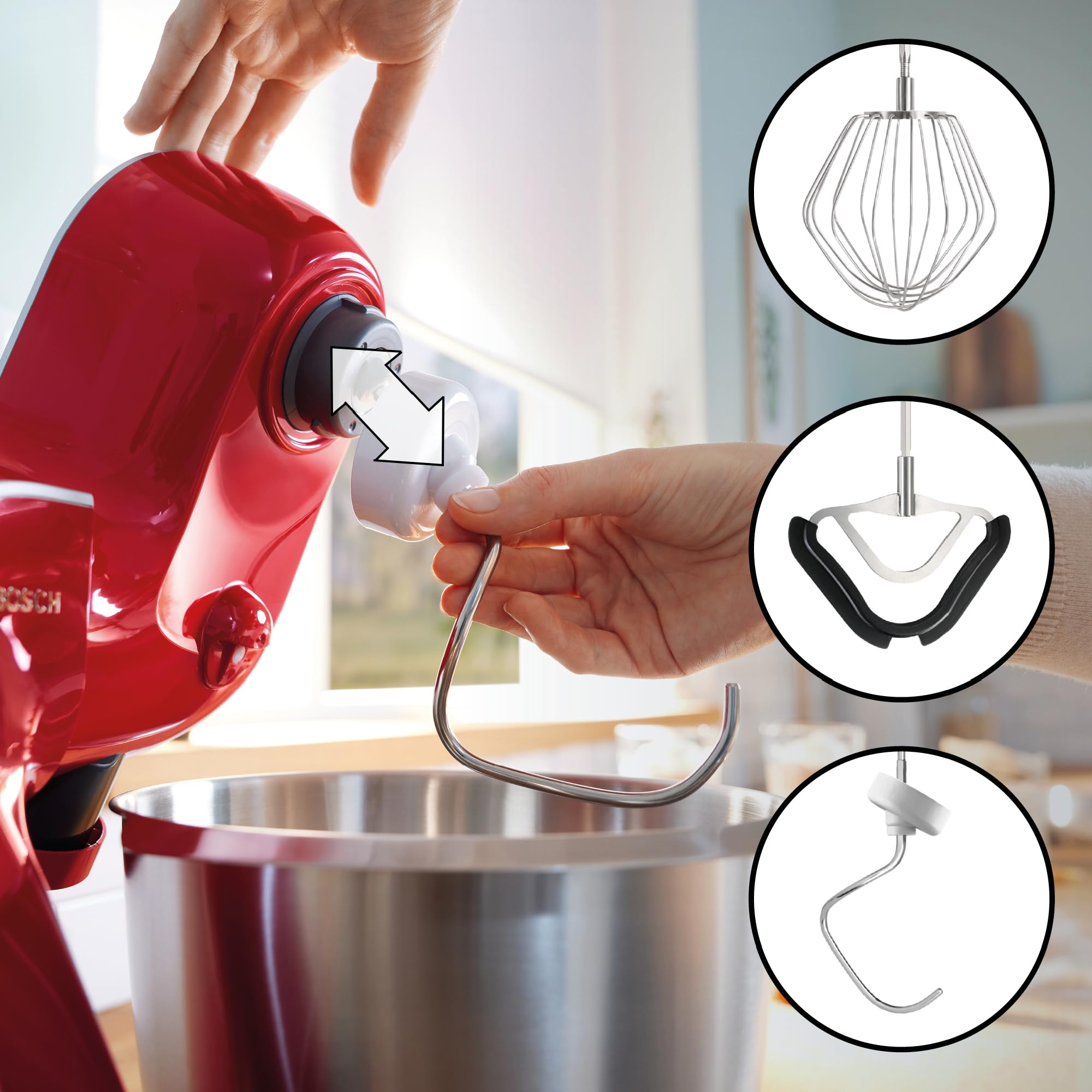 Bosch MUM Seria 8 OptiMUM, wielofunkcyjny robot kuchenny, 1600 W, 7 ustawień prędkości, mikser planetarny do ubijania i wyrabiania ciast, misa ze stali nierdzewnej 5,5 l, kolor wiśniowy, MUM9A66N00