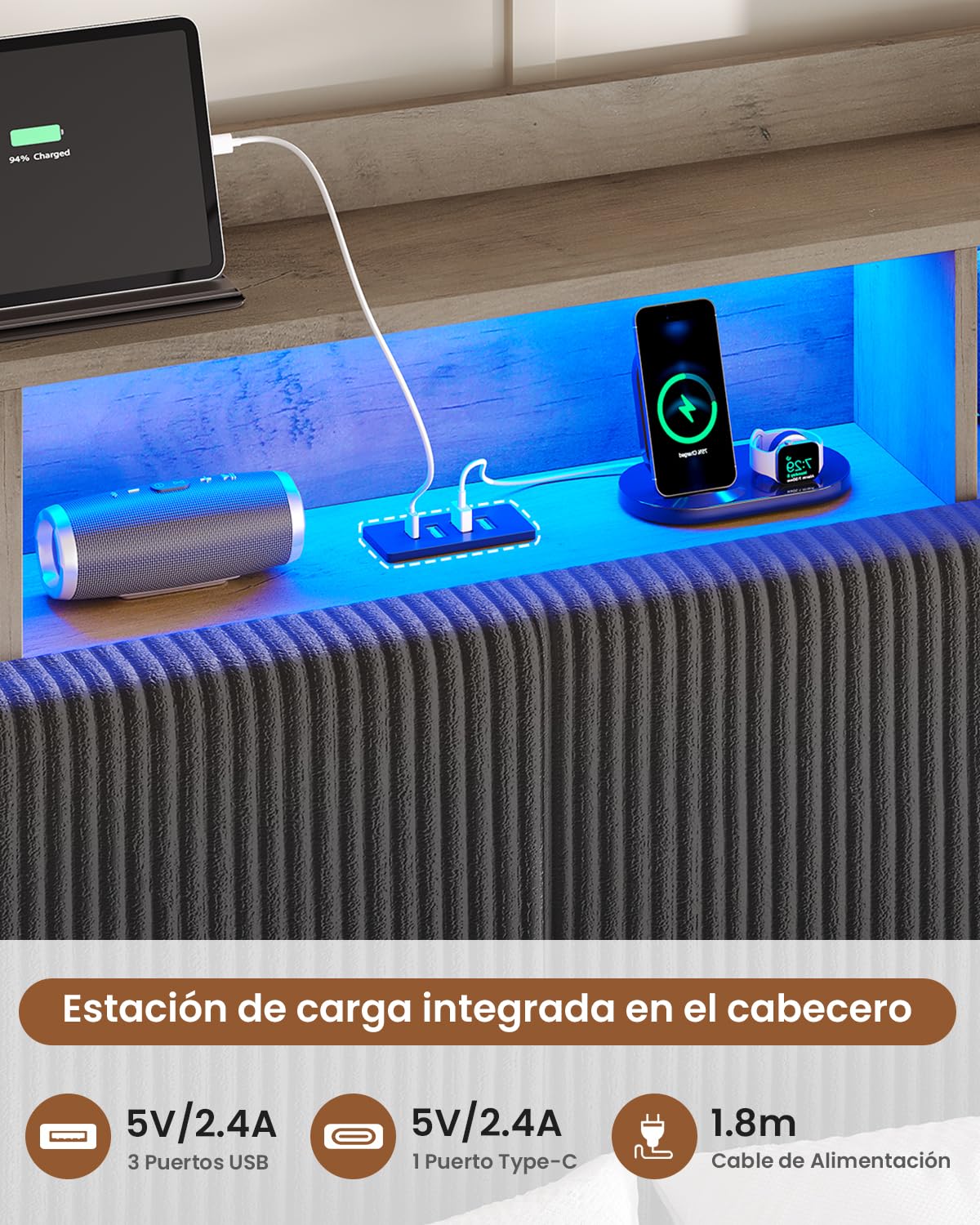 AOGLLATI Cama Matrimonio 180x200 con Almacenamiento Pana Gris Oscuro | Cama con Efecto Visual Levitante Cama con 270°LED y Estación de Carga, Cama Juvenil con Cabecero Marco de Cama Canape